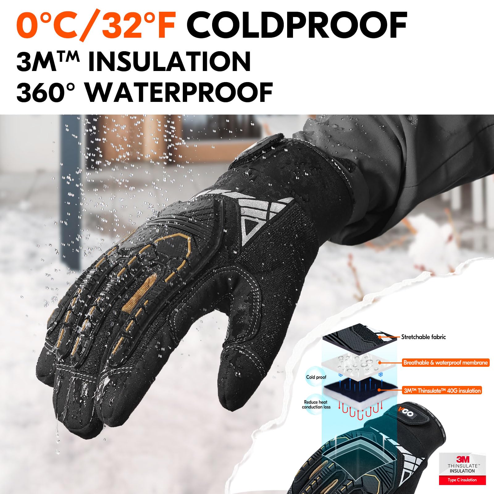 Vgo... Waterproof Thermal Gloves Touchscreen, Winter Work Gloves Men Cold Weather for Heavy Duty Freezer Moto Warehouse Driver Anti impact&vibration Safety Gloves, 1 pair — view 2