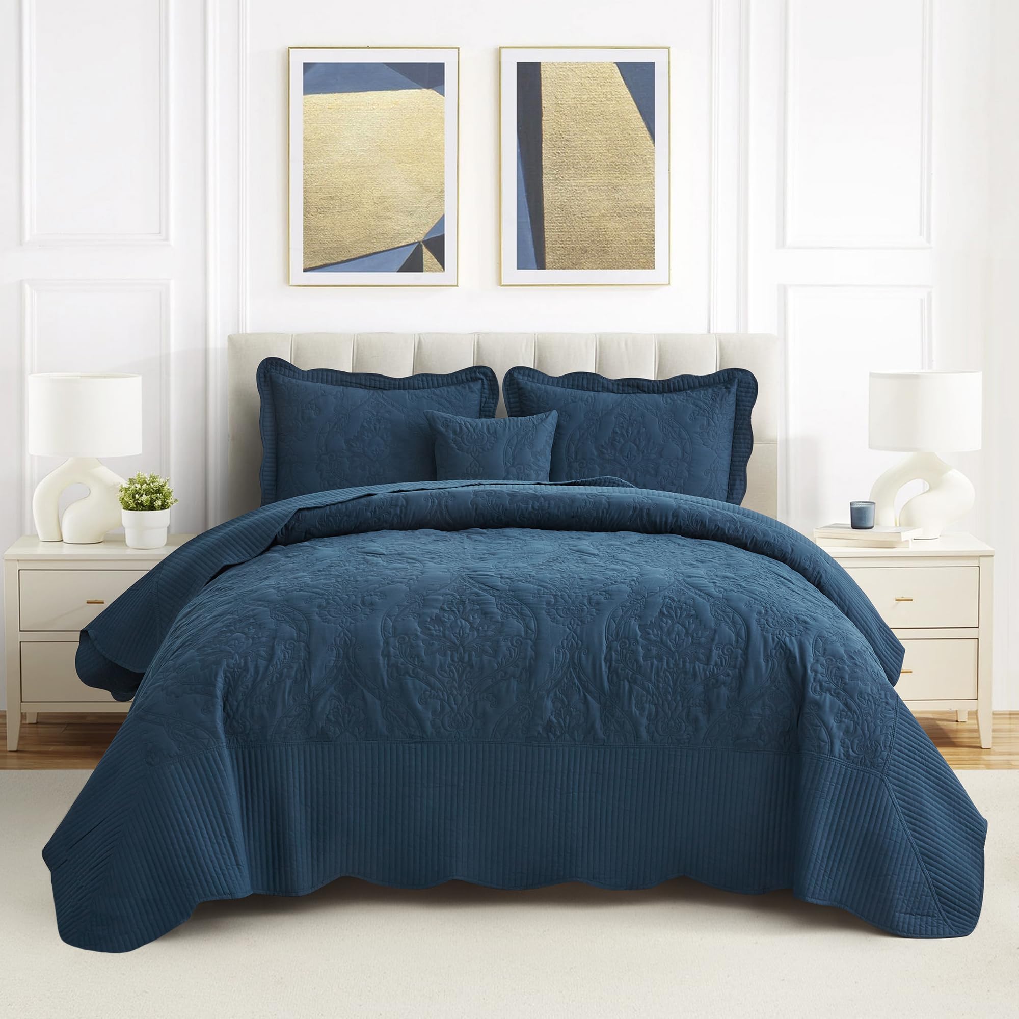 CHIXIN Oversized Bedspread Coverlet Set King Size - Lightweight Bedding Cover - Beautiful Stitching - 5 Piece Reversible Bedspread - Gorgeous Damask Paisley Pattern (King, Navy)