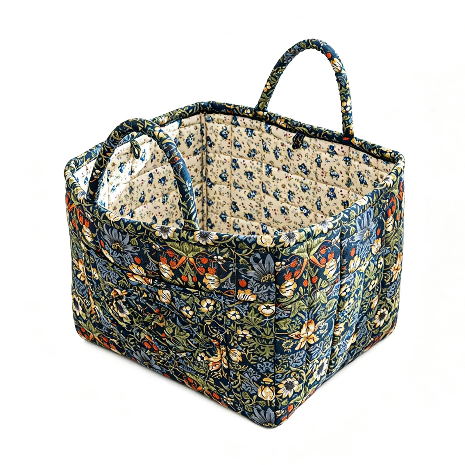 Quilted Floral Fabric Storage Basket with Front Pocket & Reinforced Handles, 23L Large Capacity Foldable Decorative Organizer Bin for Bedroom Closet Clothes Sundries(13)