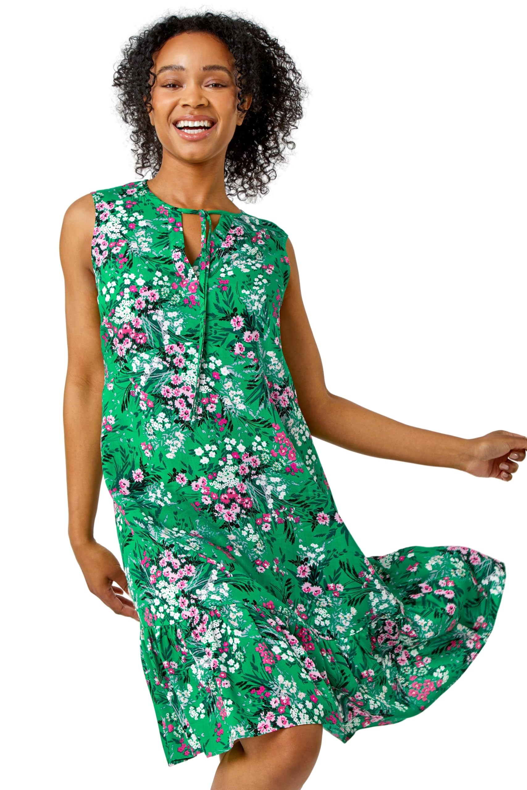 Roman Originals Women's Green Petite Floral Print Frill Hem Dress For Uk - Everyday Holiday Spring Summer Notch Neckline Comfy Soft Evening Vacation Work Party - Size 14 Petite