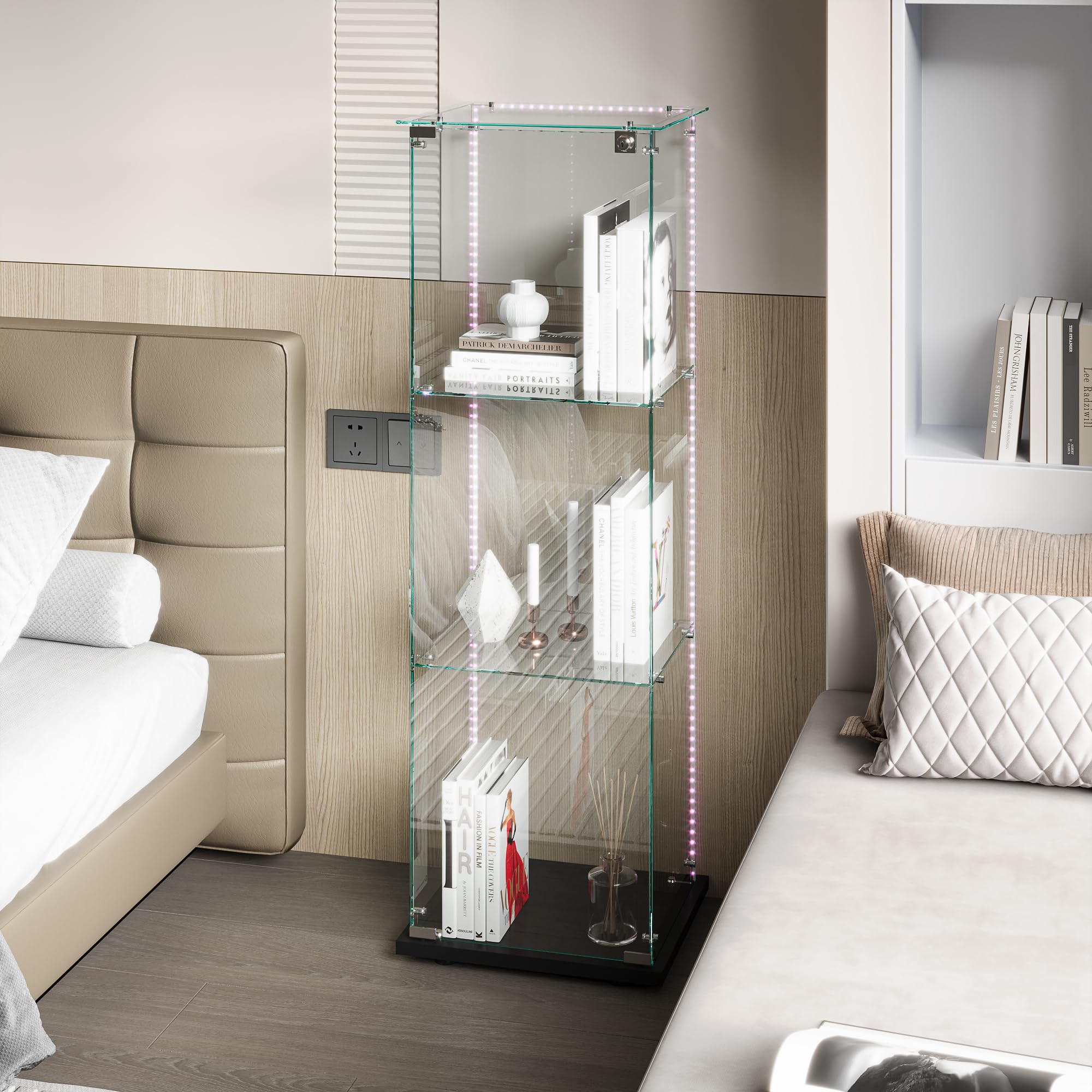 DULRLLY escaparate para colección, vitrina de cristal con LED y cerradura, armario de colección moderno con 3 estantes y 2 puertas, transparente armadura escaparate (negro+tira LED, 3 pisos+1 puerta)