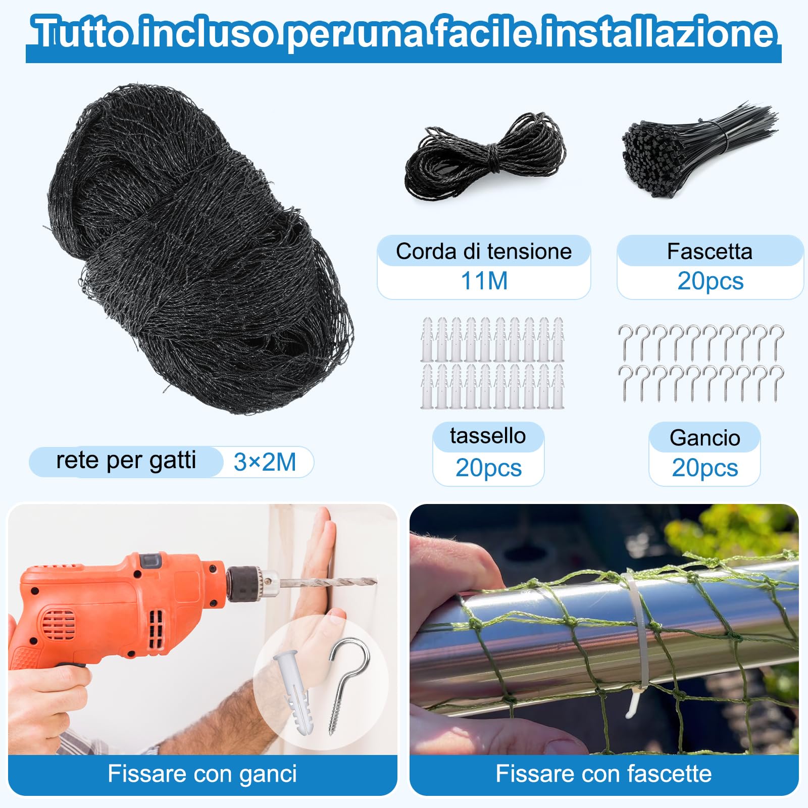 Aystkniet Rete per Gatti | Extra Rinforzato con Filo | 3x2m Rete per recinzioni incl. Corda di Fissaggio | Rete per Gatti Balcone | Rete Gatti | Rete Protezione Gatti Balcone