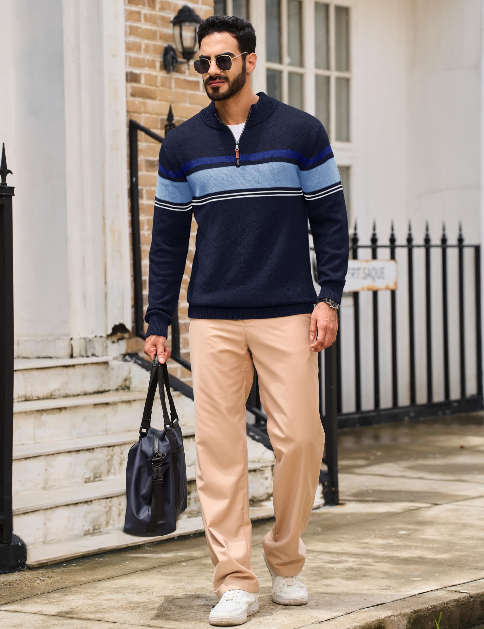 TACVASEN Pullover Herren Baumwolle Half Zip Strickpullover Winter Troyer | Stehkragen, Warm, Langarm, Sweater, Gestreiftes, Arbeit, Freizeit
