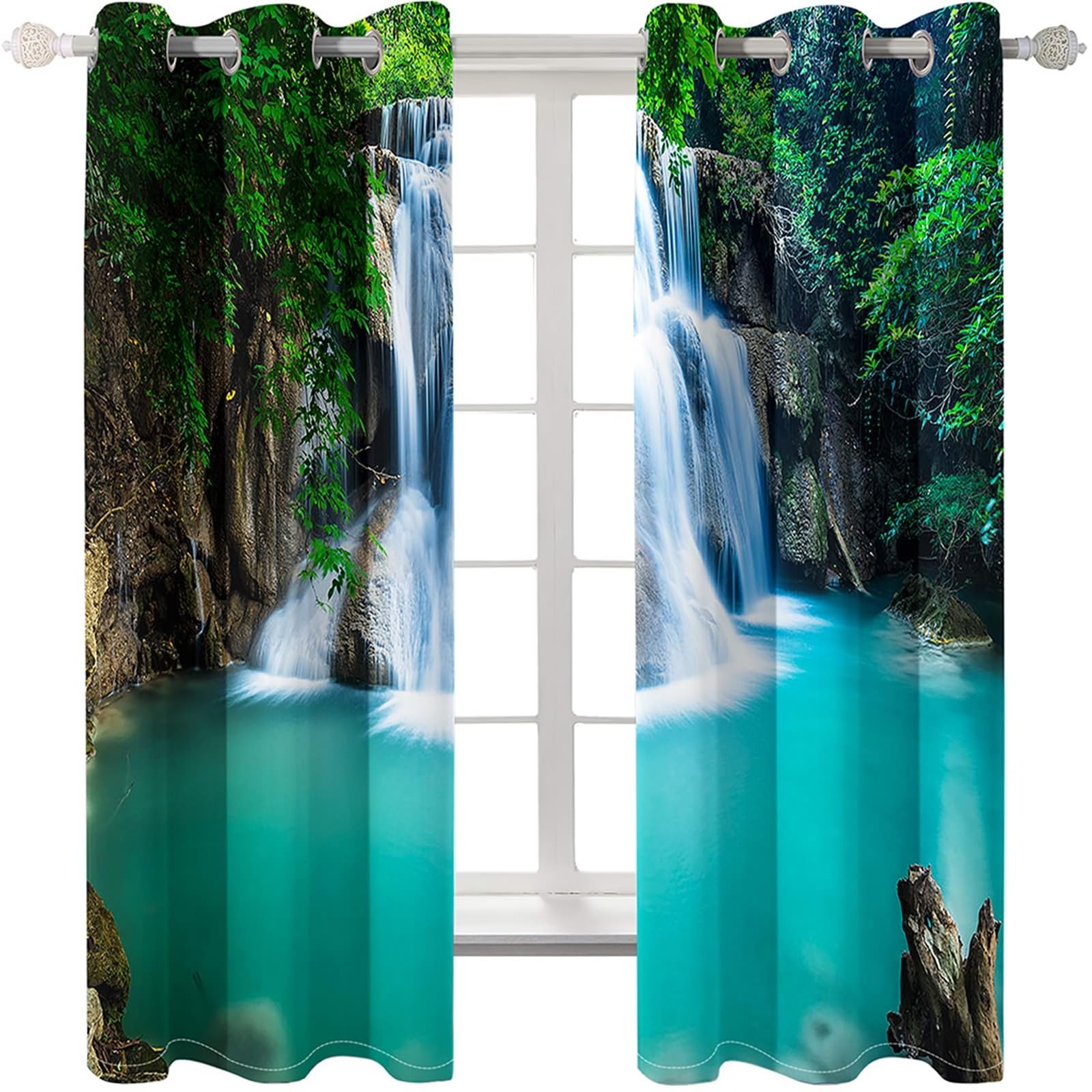 Fenstervorhänge Modern, 214x214cm Grün Weiß Natürliche Wasserfalllandschaft Vorhang für Schlafzimmer