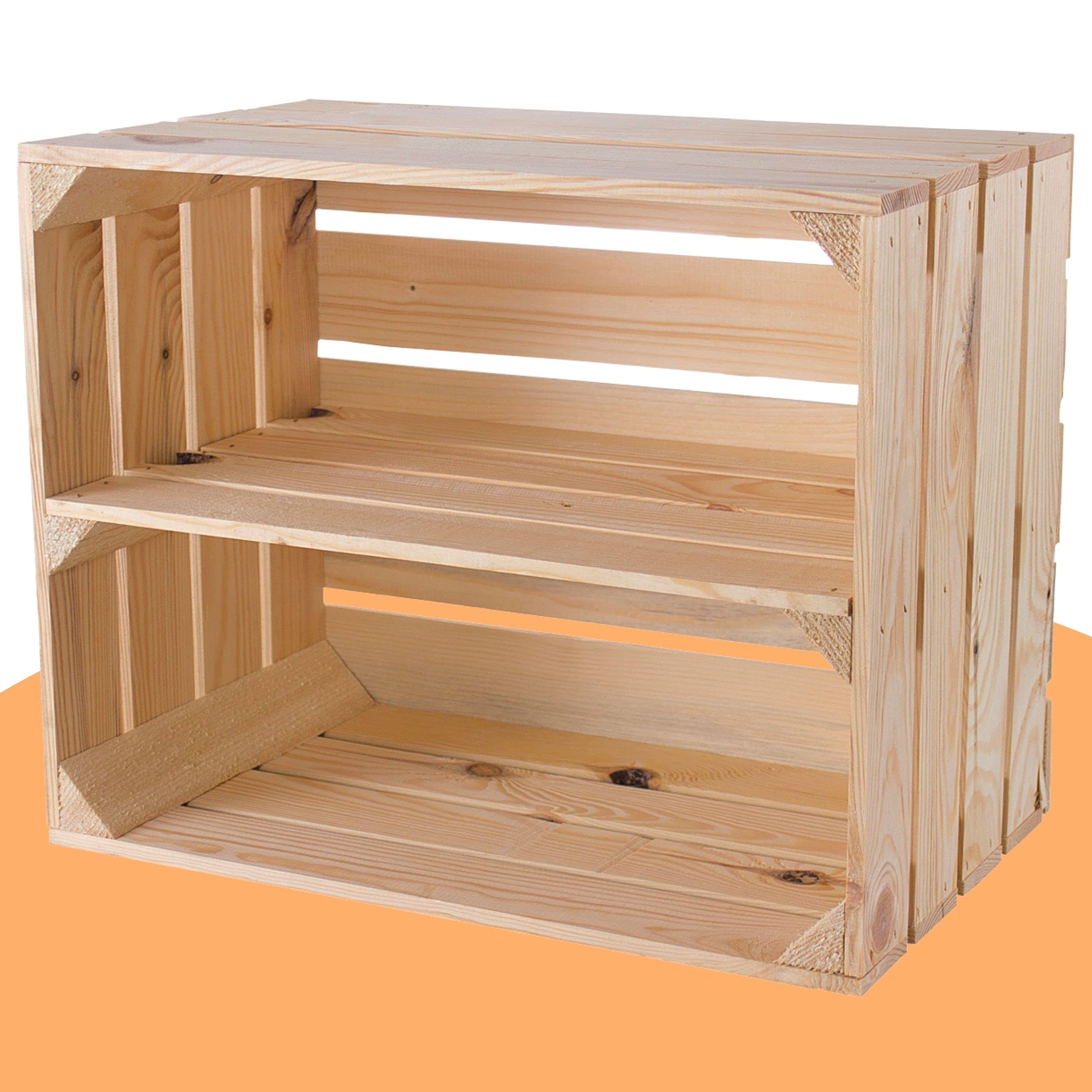 Natur Obstkiste mit Zwischenboden 50cm x 40cm x 30cm Weinkisten Naturbelassen unbehandelt helle Regalkiste Holzboxen als Wandboard stabile Dekokisten für Flur/Wohnzimmer