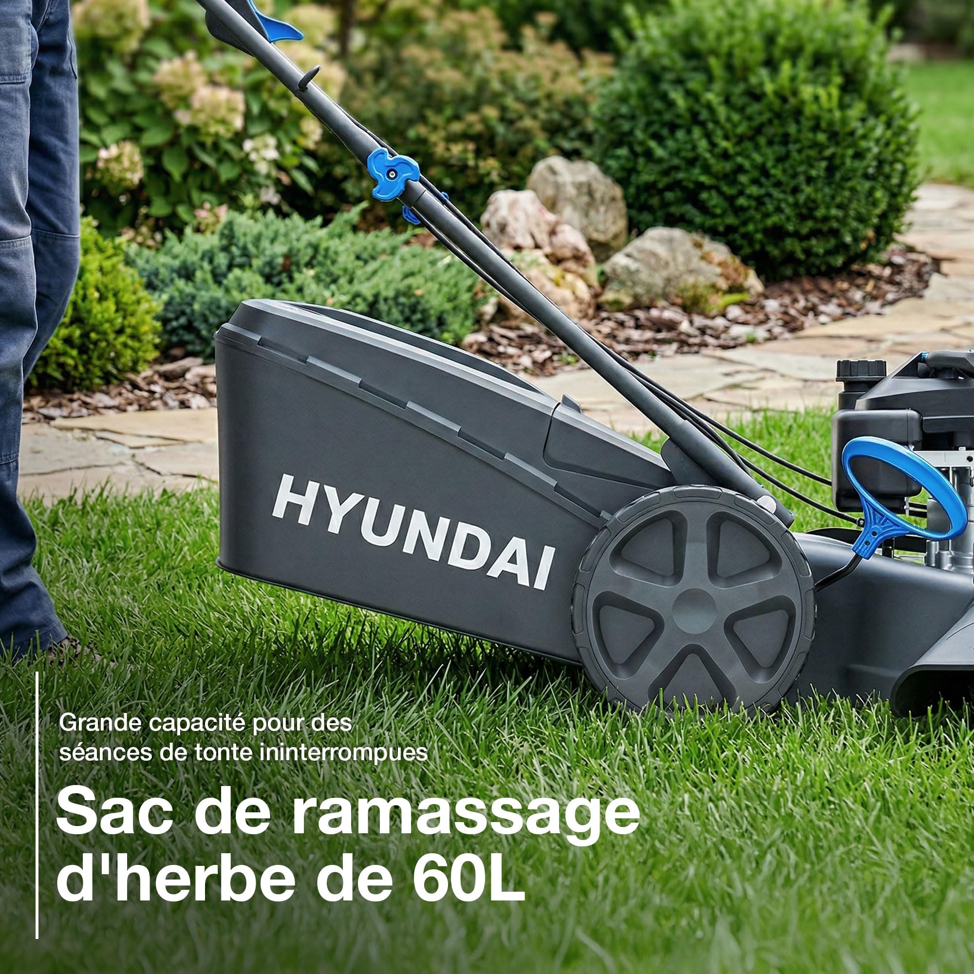 Hyundai Tondeuse à Gazon Thermique Autotractée Noire 51 cm, Moteur 196 cm3 5,5 CV 4 Temps, Bac 60 L, Coupe 4-en-1 Mulching, Garantie 3 Ans - HYM20200SPX