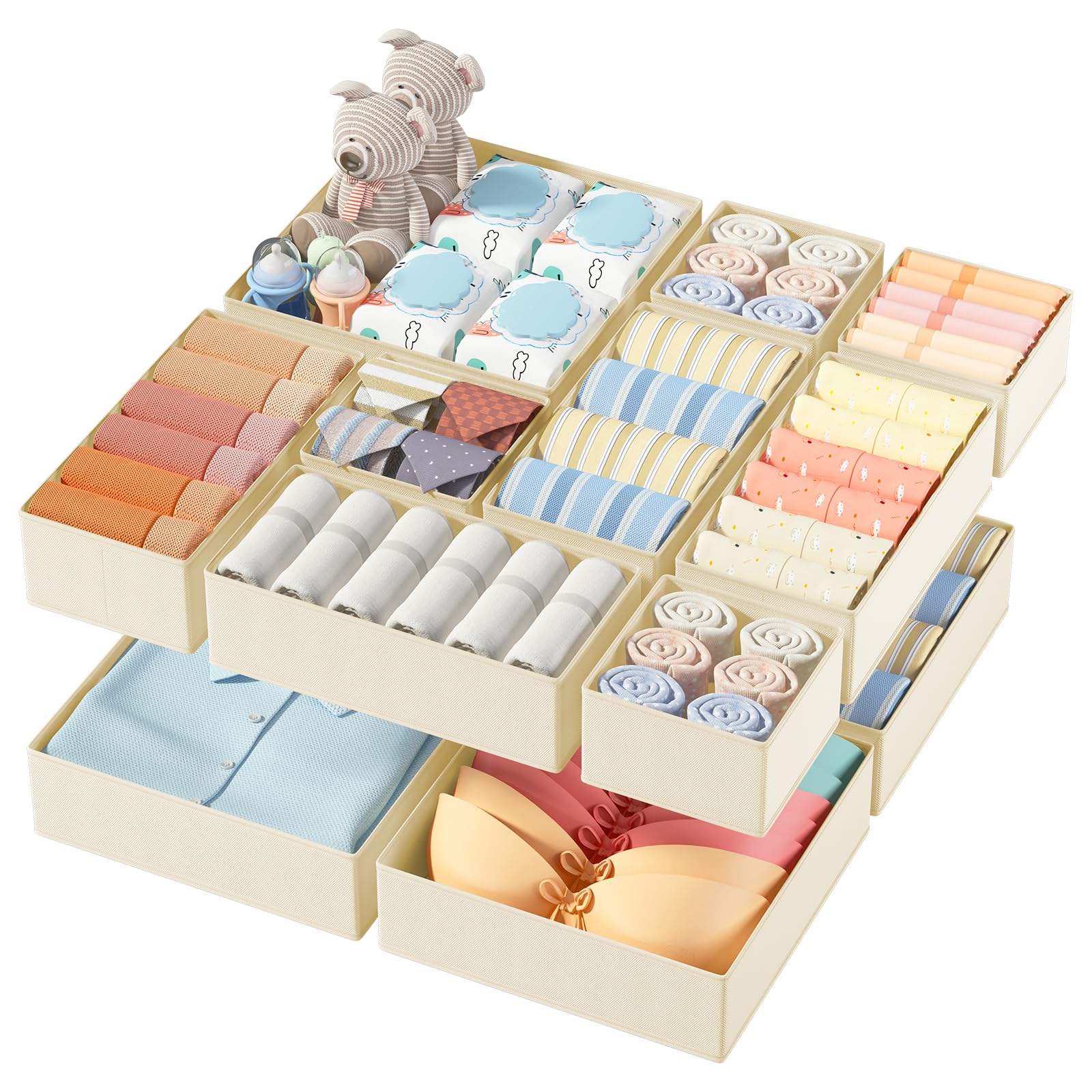 DIMJ 12 Pack Drawer Organisers Foldable Storage Box Fabric Drawer Dividers Wardrobe Storage Organiser Storage Cubes for Bras, Socks, Underwear, Ties, Scarves, Cosmetics — image 1