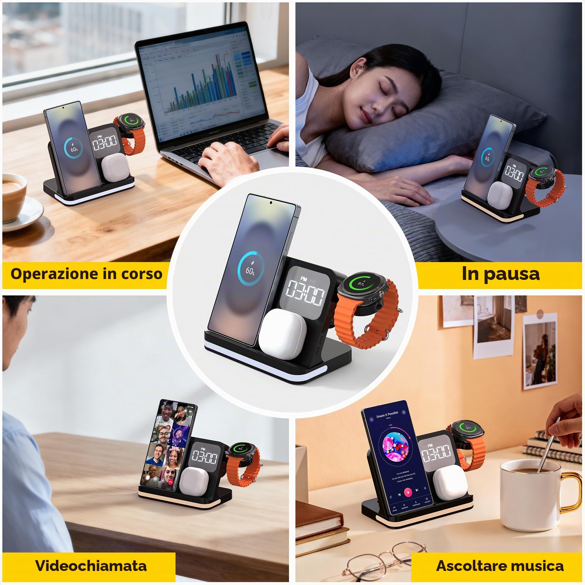 Stazione Ricarica per Samsung, 4 in 1 Wireless Sveglia Luce LED: Caricatore Comodino Rapido Compatibile Galaxy S25, Watch 7/Ultra/6, Buds 3 Pro