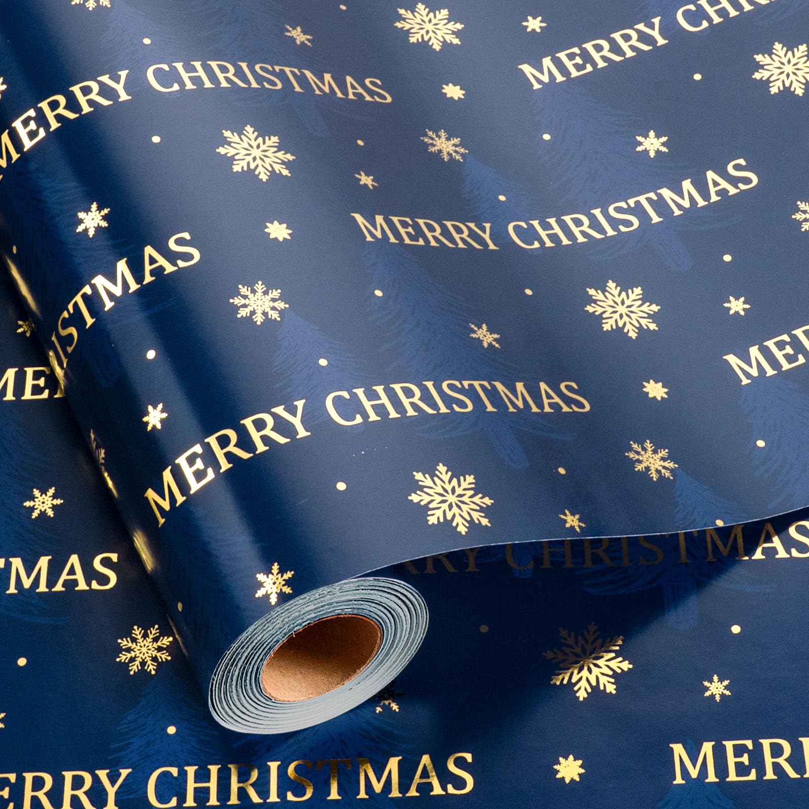 Homeral Navy Blue Christmas Wrapping Paper Roll - 43cm x 10m - Classic Gold MERRY CHRISTMAS Letters with Metallic Shine and Snowflake Gift Wrap Paper for Xmas, New Year Party Celebration