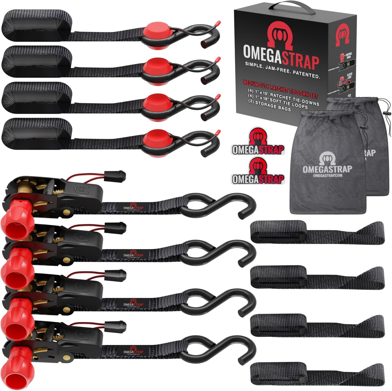 Patented Ratchet Tie Down Straps (4PK) - 2000lb Max Break Strength - Includes (4) 1” x 15’ Ratchet Tie-Downs, with Soft Tie Loops. Cargo Straps for Moving Motorcycles, Appliances & More