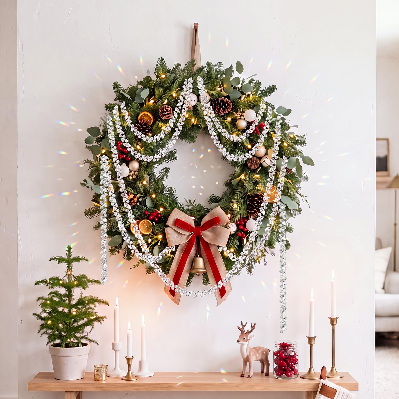 Yookeer Guirlande de perles en cristal argenté de 3,7 m pour sapin de Noël, navette à suspendre et fil rond en strass pour maison, couronne, cheminée, rampe, décoration de fête de mariage