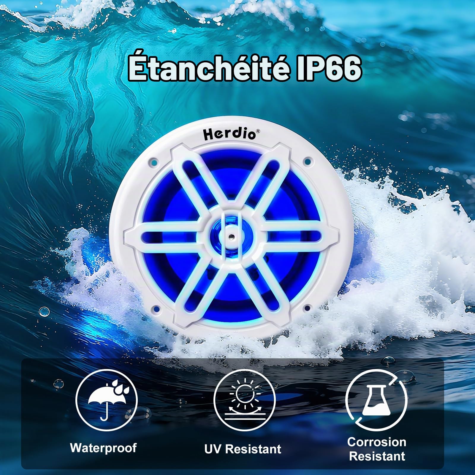 Herdio 6.5" 350W Marine Speakers - IP66 Waterproof Coaxial Audio, with Blue LED Light for Boats, ATVs, UTVs with UV Resistant White Grille (A Pair)