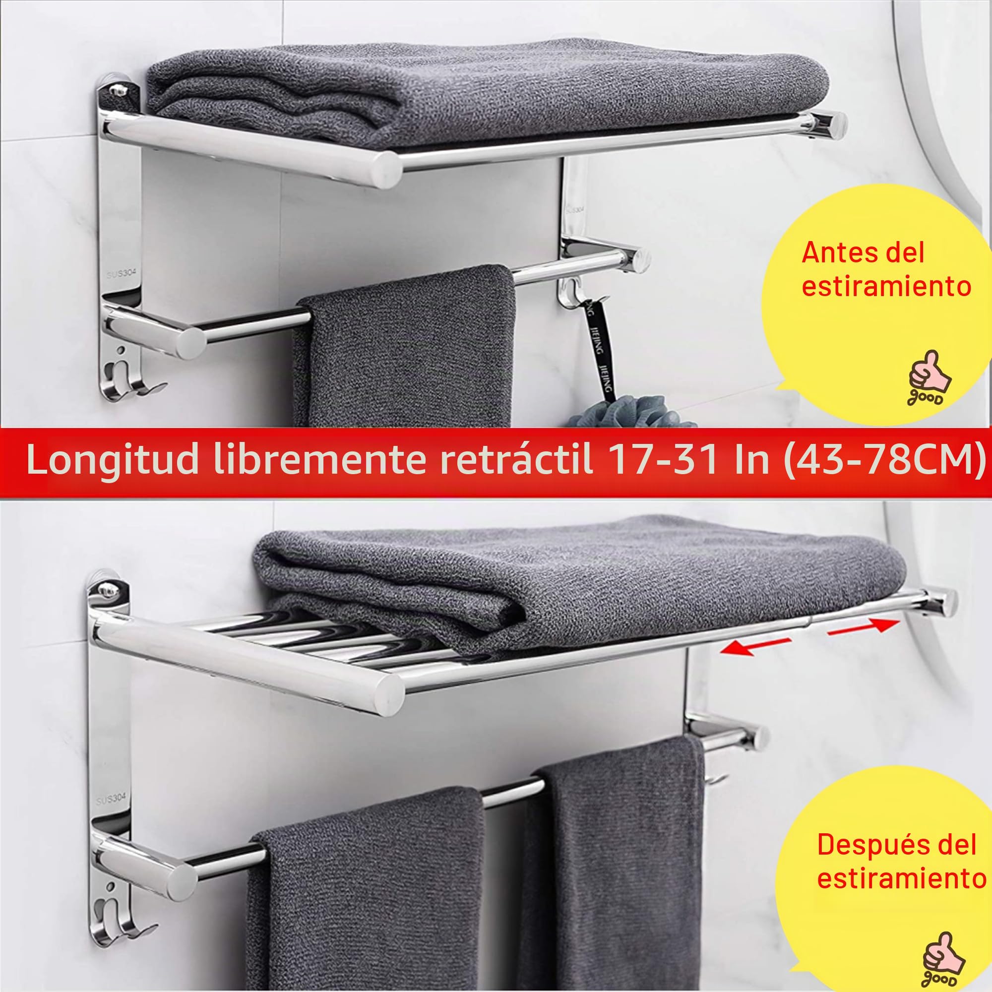 Toallero de Acero Inoxidable 304 Fuerte Adhesivo 3M para baño, Montaje en Pared, Montaje sin Agujeros, instalación en el Cuarto de baño, Cocina, Ahorro de Espacio [48-78 cm] (2 estantes)