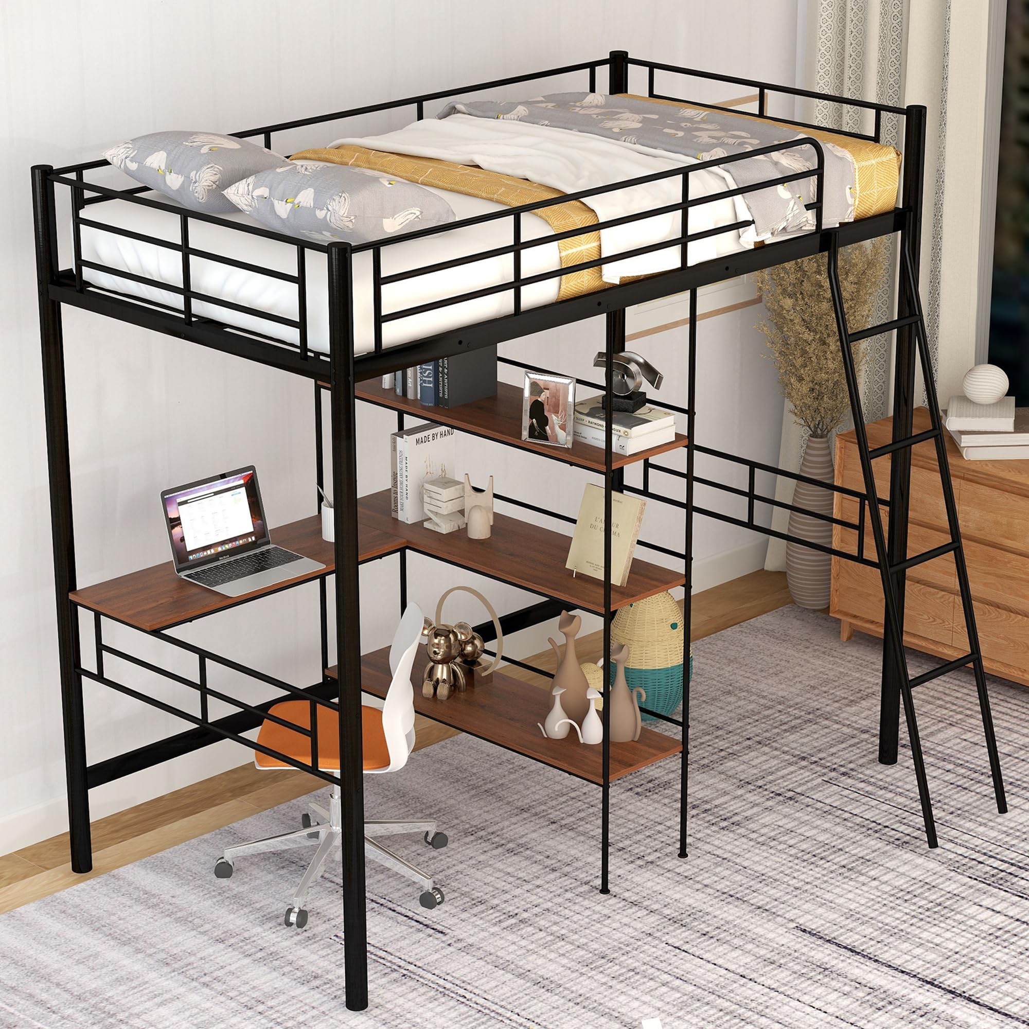 Metal Twin Loft Bed , Twin Size High Loft Bed Black