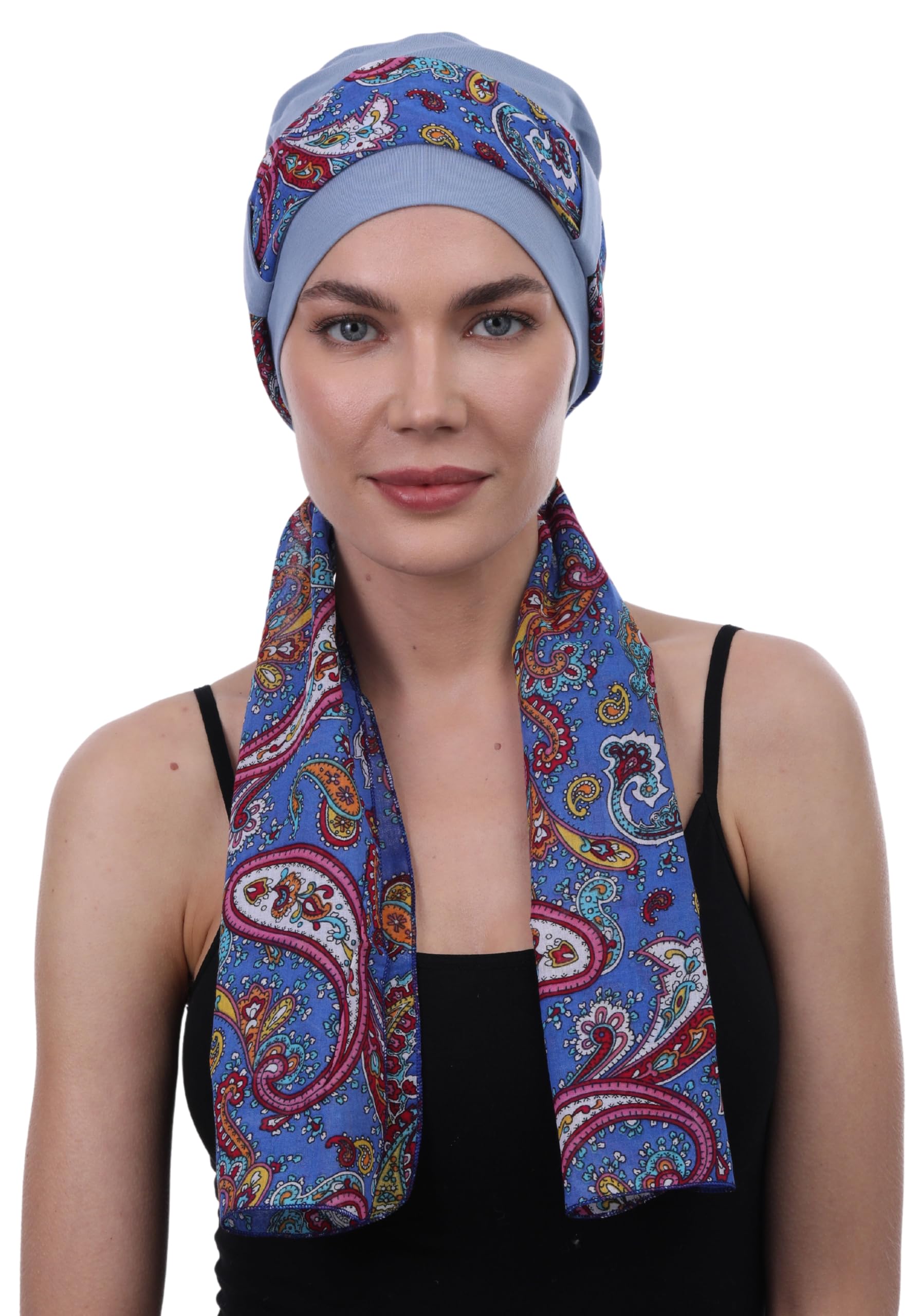 Deresina EmpowerWrap Headscarf for Women — Bamboo Cap with Scarf for Hair Loss, Breathable Chemo Headwear for Sensitive Scalps, Full Coverage, One Size (Carolina Dark Blue Paisley)