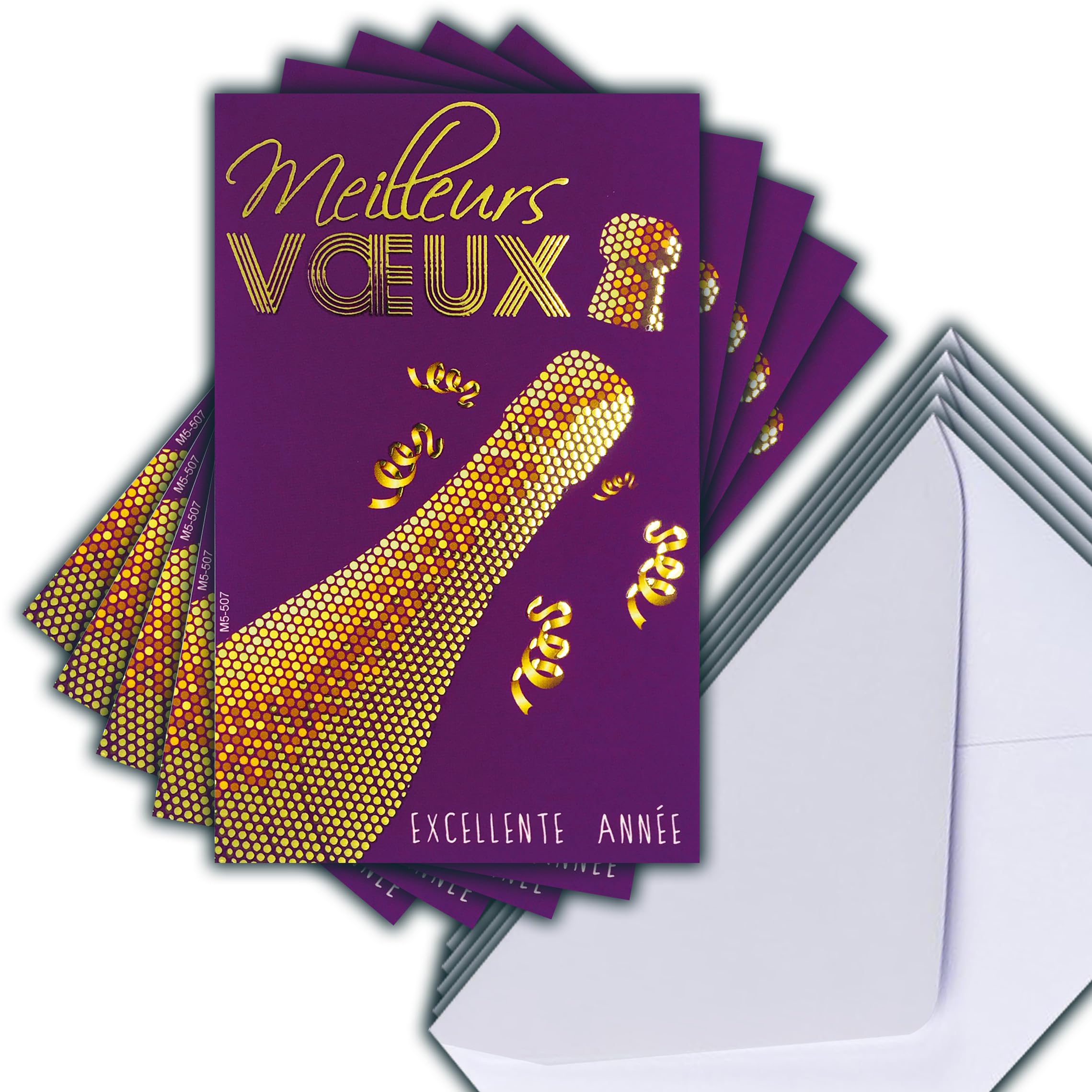 M5-507 Set of 5 Identical Best Wishes Cards in Golden Gold 13.5 x 8.5 cm + 5 White Envelopes 14 x 9 cm Happy New Year Wishes January Champagne Bottle and Cork