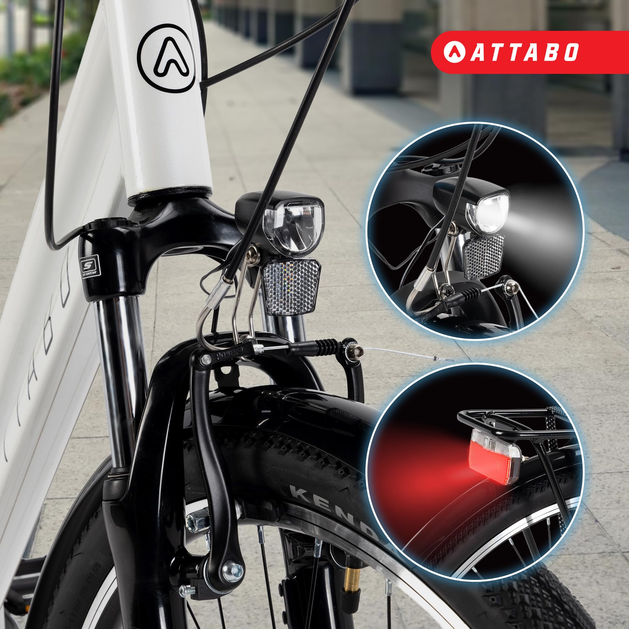 ATTABO Bicicletta da trekking da donna con telaio da 17"|19" Bici Donna con Manubrio ergonomico Bici Trekking con ruote da 28" con portapacchi posteriore Campanello catarifrangenti Bianco|Blu
