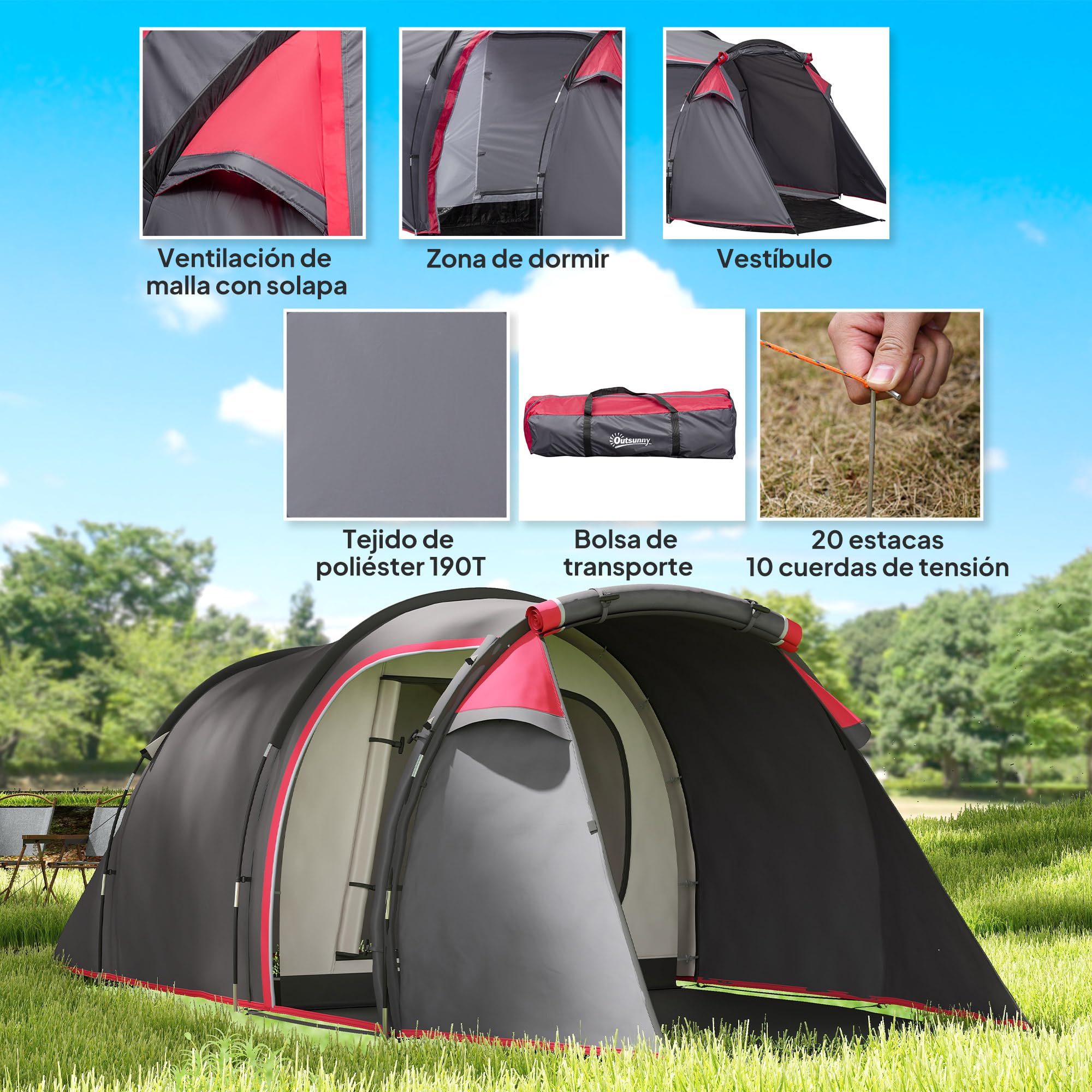 Outsunny Tienda de Campaña Familiar Tipo Túnel 2-3 Personas Plegable Impermeable 2000+ mm a Prueba de UV 20+ Ligero con Vestíbulo y 4 Estaciones para Camping Senderismo 426x206x154 cm