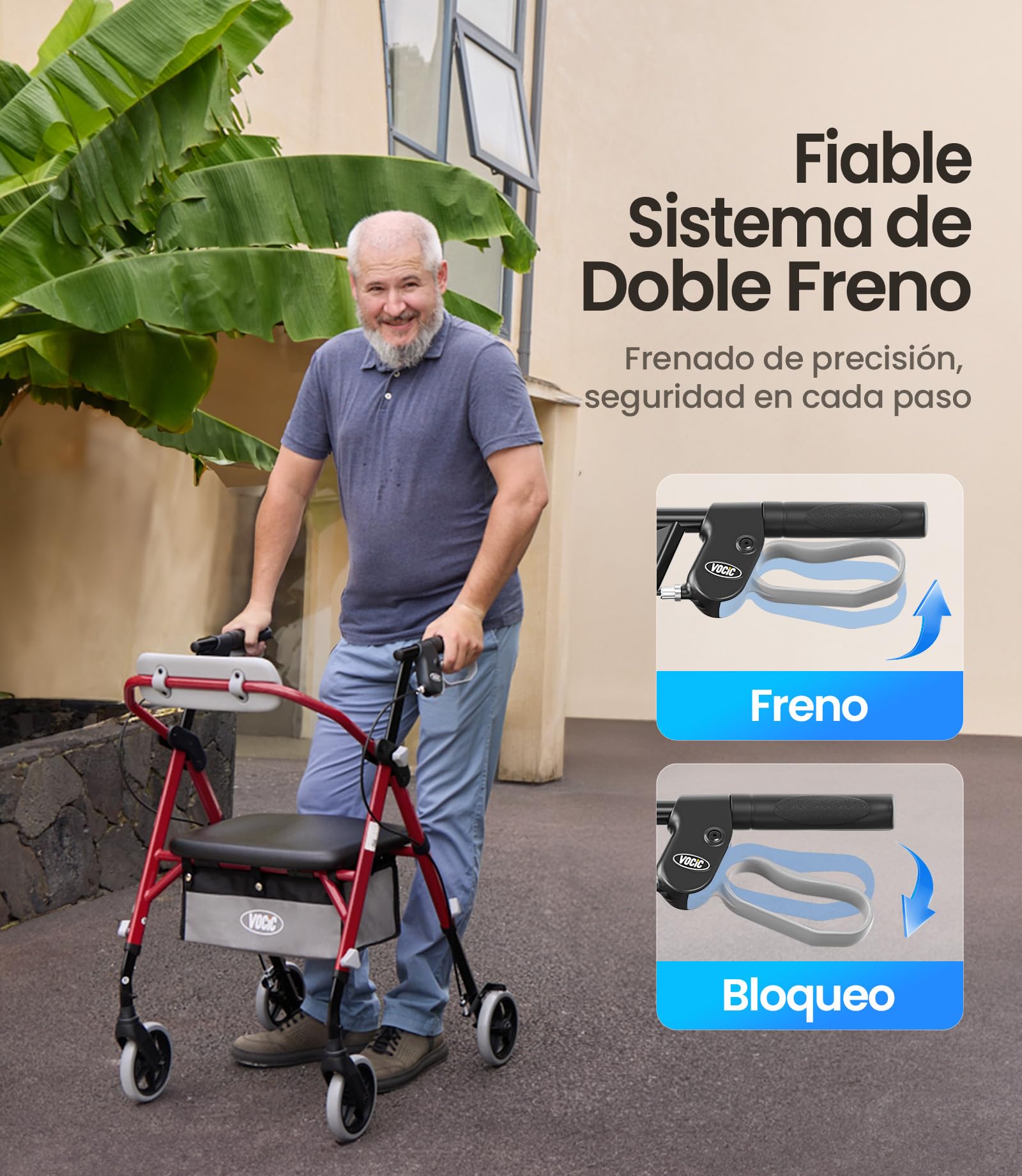 VOCIC Andador plegable ligero con asiento, 6,3kg Ultraligero, Max 150 kg | andador para ancianos con ruedas, asiento ergonómico, altura regulable, Walker estrecho para apartamento & viajes, granate