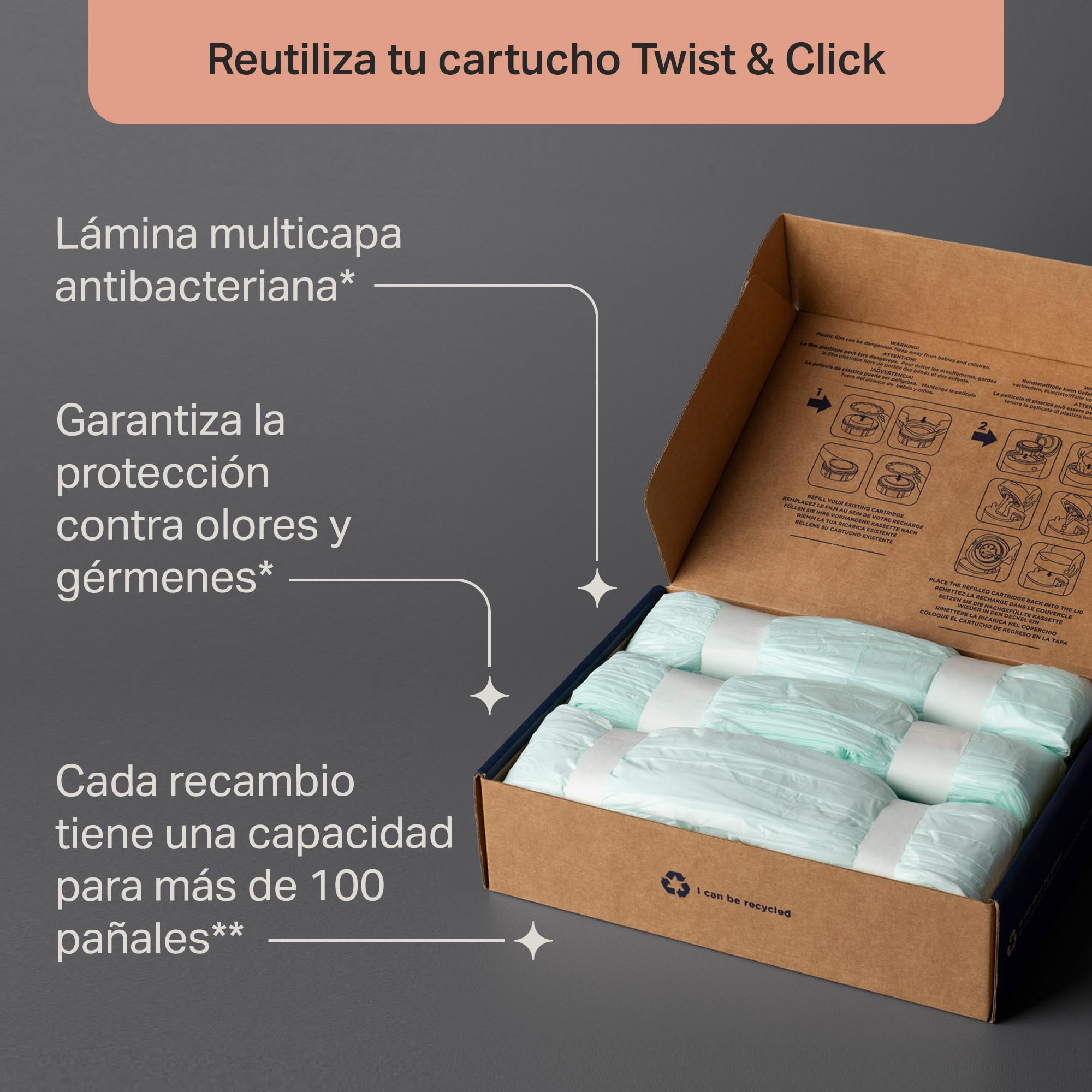 Tommee Tippee Bolsas de recambios para contenedor de pañales Twist & Click, Pack de 18 láminas multicapas antibacterianas* de 10,5 m para recambios Twist & Click, 18 x 10,5 m
