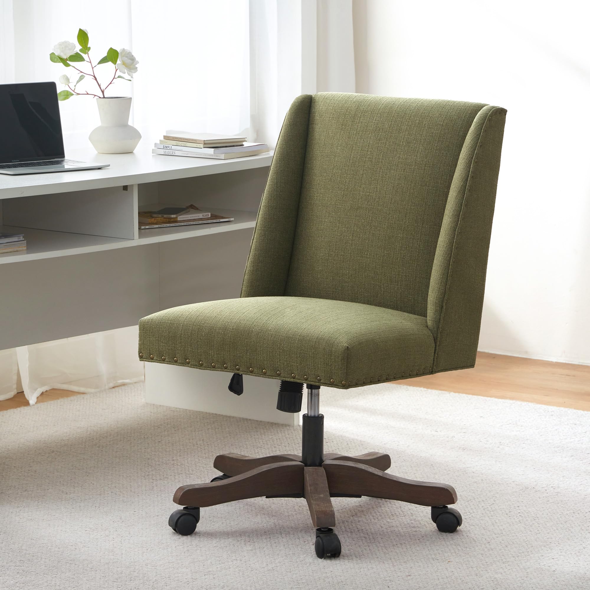 Upholstered Armless Office Chair with Wooden Legs Modern Adjustable Home Office Desk Chair Computer Chair Swivel Chair for