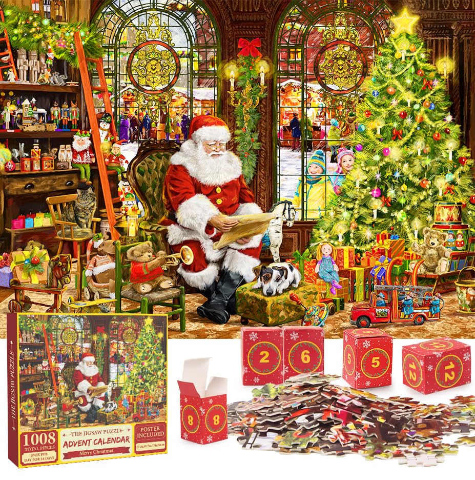 Advent Calendar Puzzle 2025 Christmas Jigsaw Puzzles, 24 Days Christmas Countdown Calendar 1008 Pieces Santa Scene Puzzle for Adults Kids Christmas Gift Home Decoration