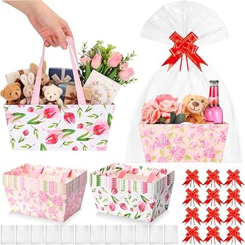 12 Pcs Floral Mothers Day Baskets Empty for Gift Spring Tulip Rose Pattern Paper Basket with Cellophane Bag Pull Bow for Teacher Appreciation, Baby Shower, Wedding, Anniversary, 9.8 x 6.5 Inch