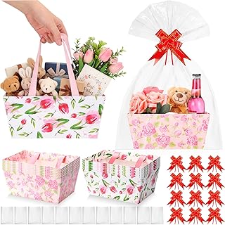 12 Pcs Floral Mother's Day Baskets Empty for Gift Spring Tulip Rose Pattern Paper Basket with Cellophane Bag Pull Bow for Teacher Appreciation, Baby Shower, Wedding, Anniversary, 9.8 x 6.5 Inch