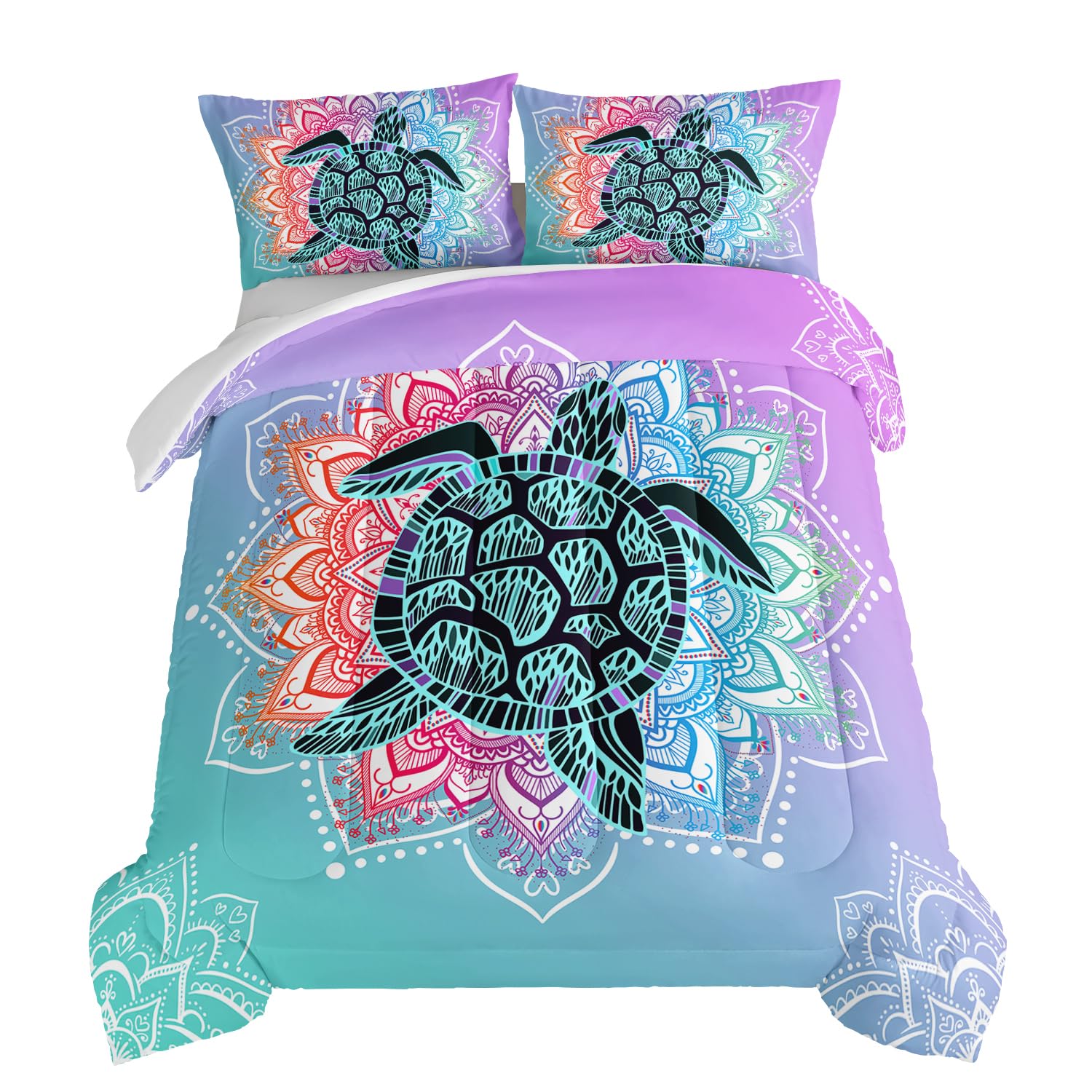 HOSIMA Sea Turtle Bedding,Coastal Beach Themed Comforter Set Queen Size for Kids Teen Girls Boys Room Decor,Mandala Turtle Comforter Bed Set with 2