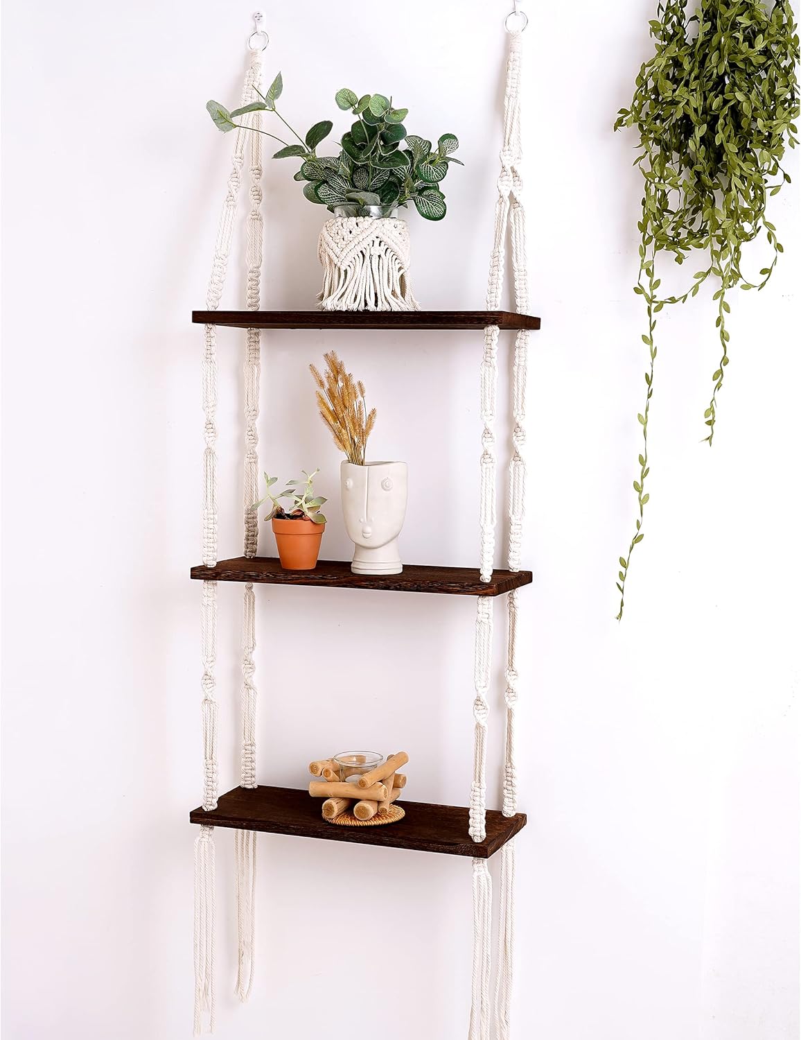 Hanging Shelves Boho Room Decor, 3-Tier Boho Rustic Plant Shelves, Macrame Wall Hanging Storage Shelves, Boho Decor for Apartment, Bathroom, Living Room, Bedroom