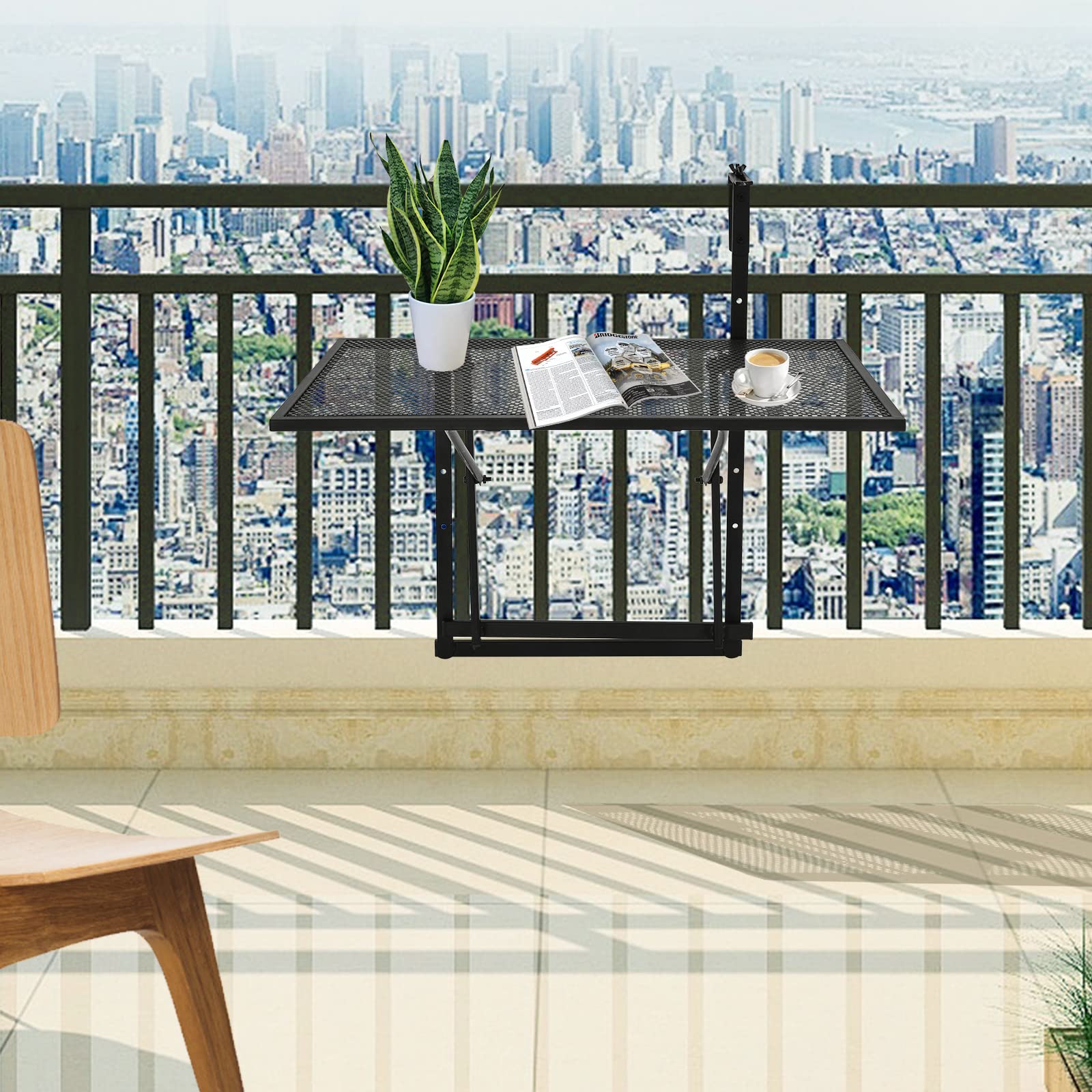 RELAX4LIFE Balkonhängetisch 5-stufig höhenverstellbar, Hängetisch Eisen, Beistelltisch klappbar, Balkontisch bis 20kg belastbar, Klapptisch mit Halterung zum Einhängen, Balkon Garten Terrasse, Schwarz
