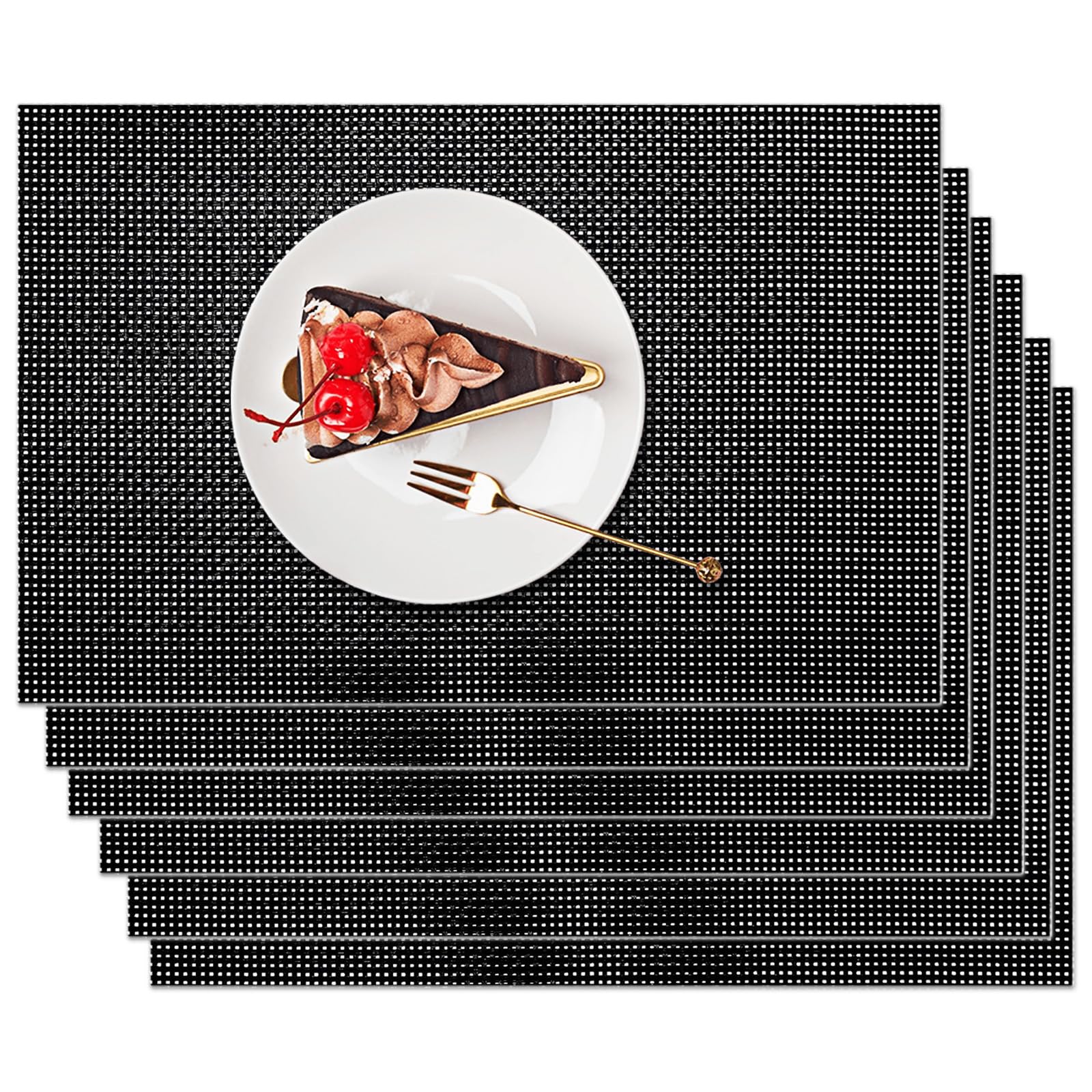 marysgift Table Mats Set of 6 Black Placemats Washable Place Mat for Table Heat Resistant Non-Slip Mat for Dining Washable Durable PVC Vinyl Woven 17.7"X11.8" (Black D)