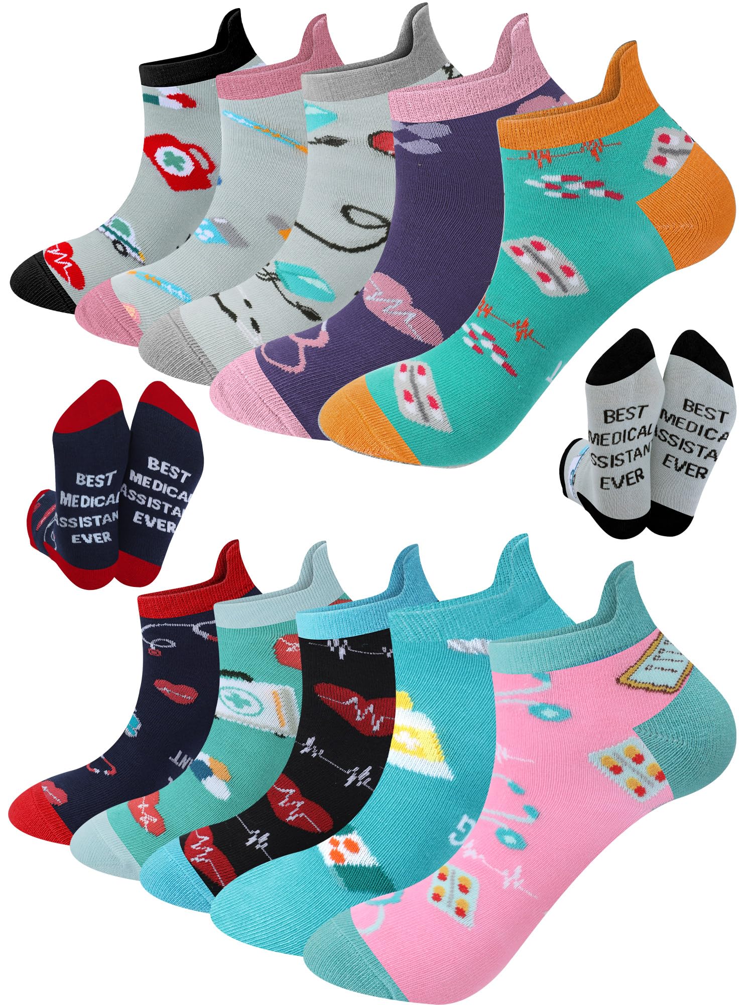 Newcotte 10 Pairs Medical Assistant Socks for Women Men Nurse Week Gifts Funny Cotton Ankle Socks for Medical Assistant Ma Healthcare Worker Cna Nurse Week Party Favors