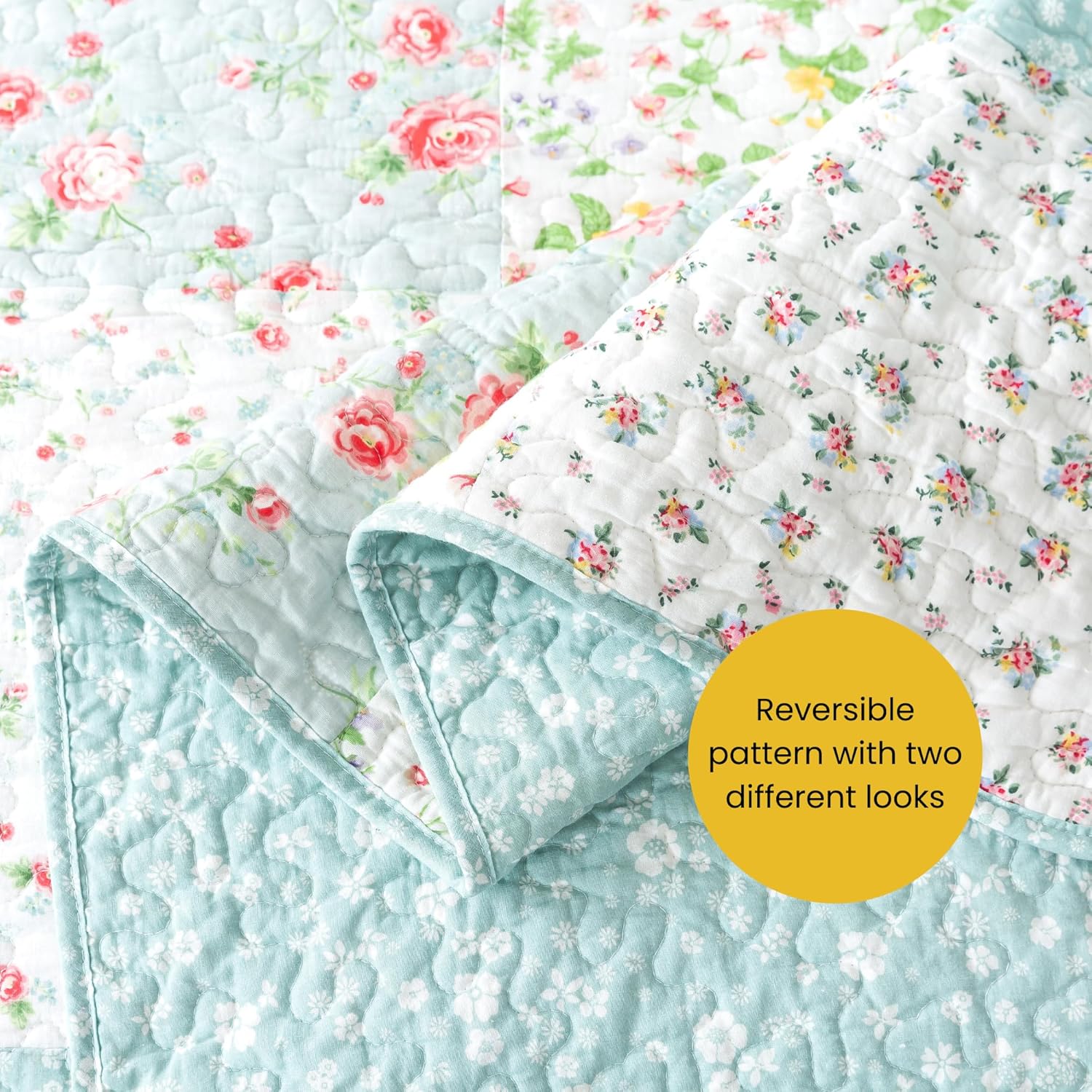 Soul & Lane Whispering Flowers Cotton Quilt Set - Twin Size with 1 Sham, White and Blue Pieced Patchwork Design, Country Floral Quilted Comforter, Lightweight Summer Farmhouse Bedding - Image 5