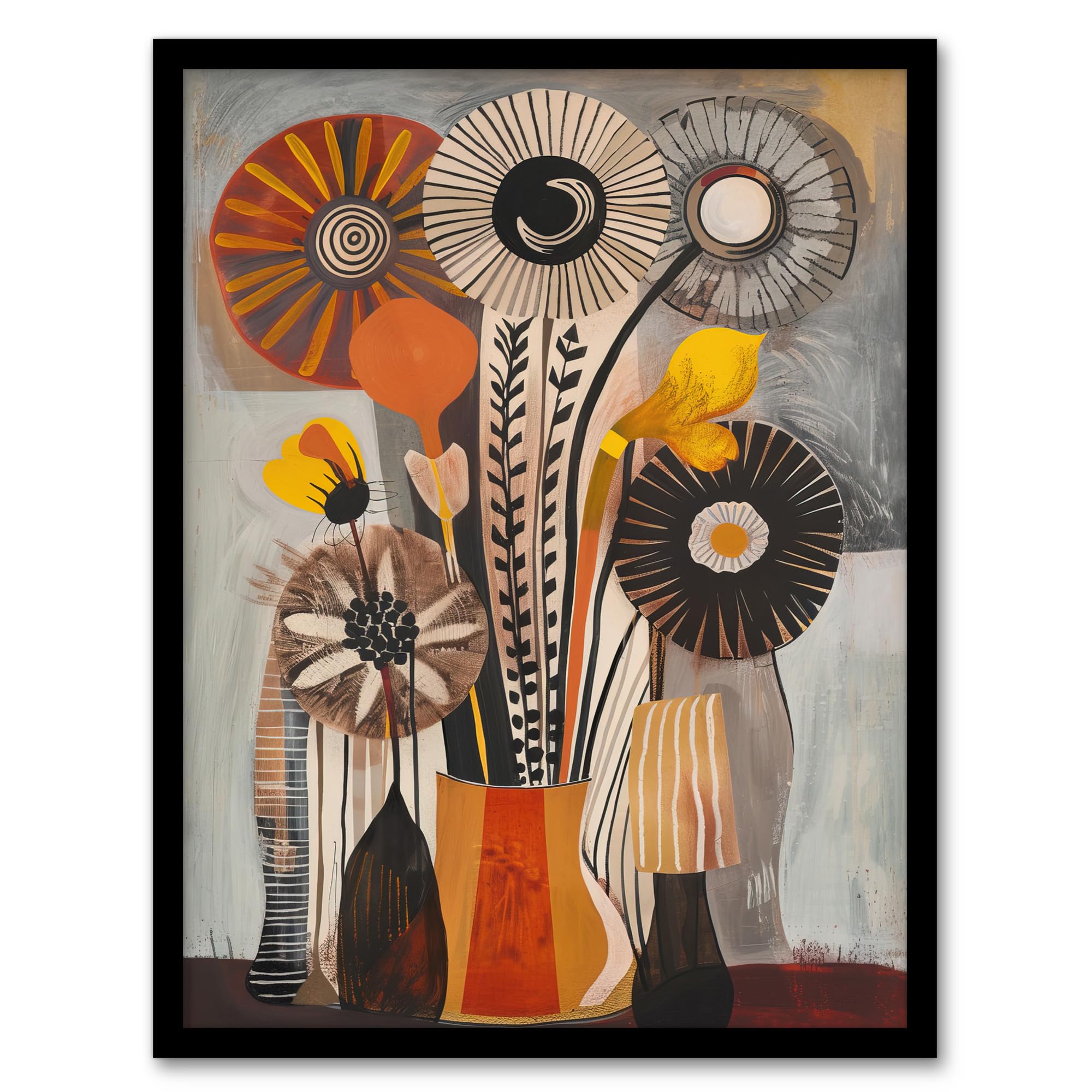 Artery8 Abstract Folk Art Autumn Flower Bouquet in Vase Living Room Artwork Framed Wall Art Print A4