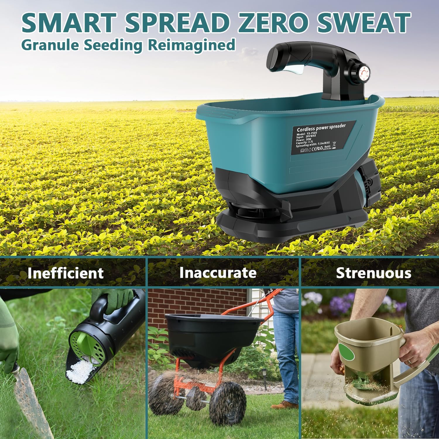 Electric Grass Seed Spreader for Makita 18V Battery, Handheld Fertilizer Spreader for Lawn, Portable Granule Spreader for Seed, Feed, Weed, and Salt (Tool Only)