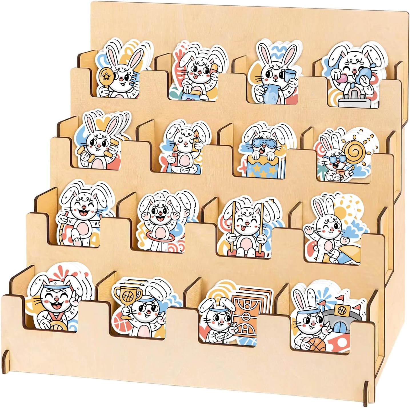 Sticker Display Stand For Vendors - 16 Pockets Portable Sticker Rack Display - 4 Tier Wooden Small Card Display Rack - Tabletop Retail Vendor Display Stand Vendor Events - Perfect for Stickers