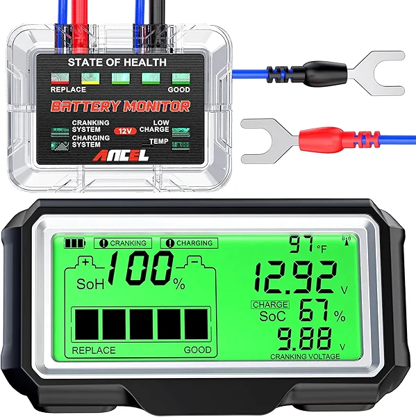 ANCEL BM200 PRO 12V Car Battery Monitor, 433MHz Wireless Transmission Battery Tester with Cranking Charging Test, Voltage & Temperature & Alarm Real-Time Monitoring for Car, Motocycle, RV, Truck, Boat