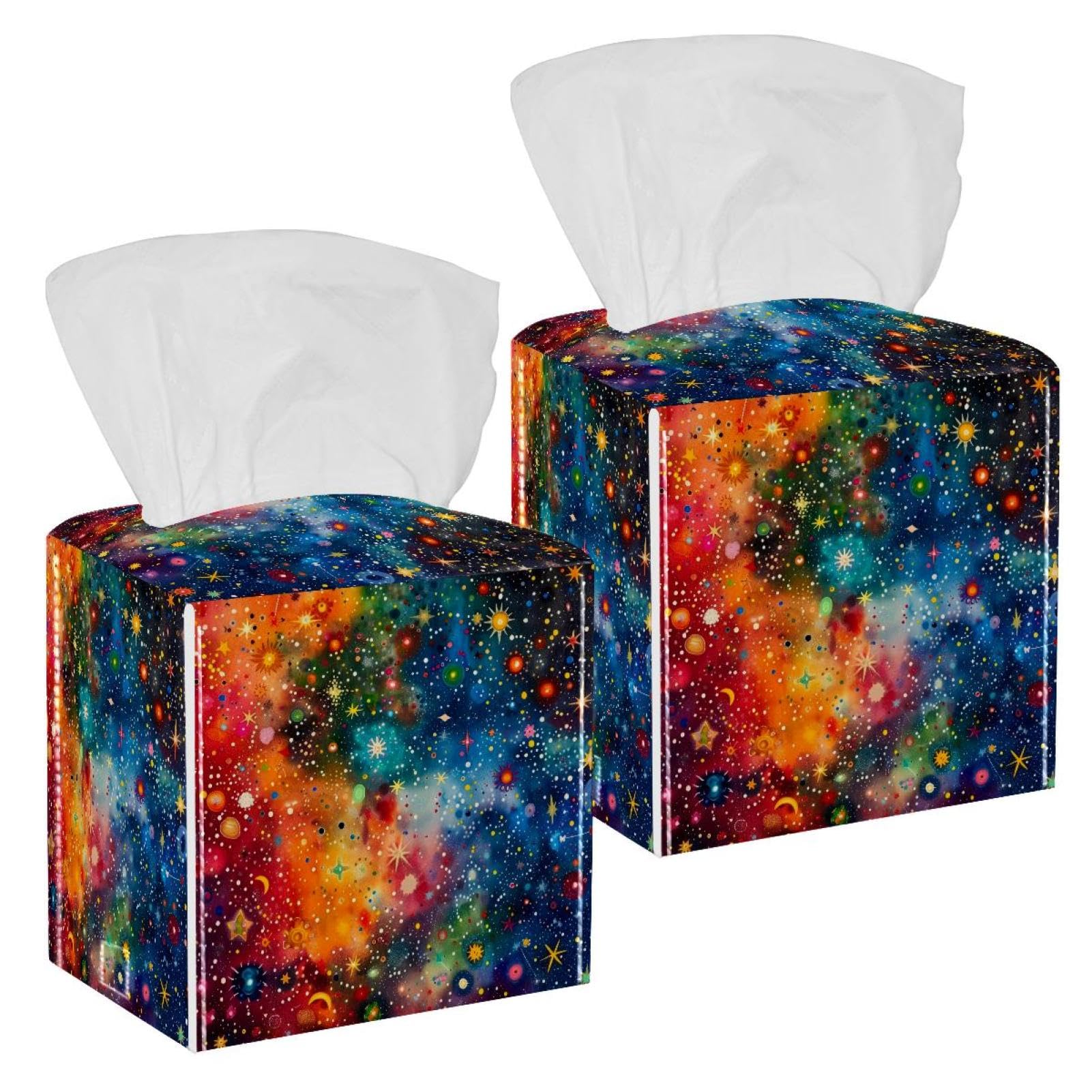 Nebula Star Tissue Box Cover, 2 Pack PU Leather Square Facial Tissue Dispenser Box holder for Home Office Car