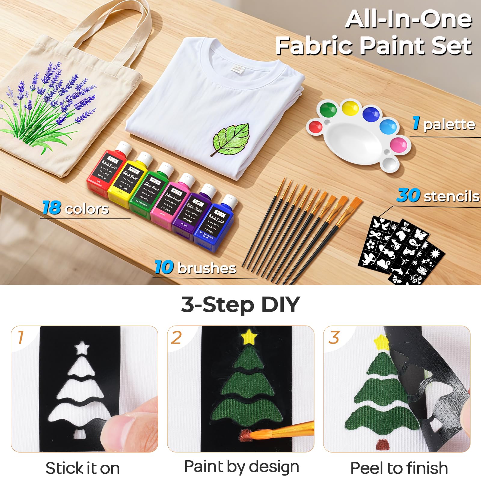 Nicpro Pintura para Tela Lavable 18 Colores de Pintura Textil 60 ml, Pintura para Ropa Permanente con 10 Pinceles, Paleta, Plantillas, No Tóxicas, para Camisetas, Zapatos, Bolsos, Jeans