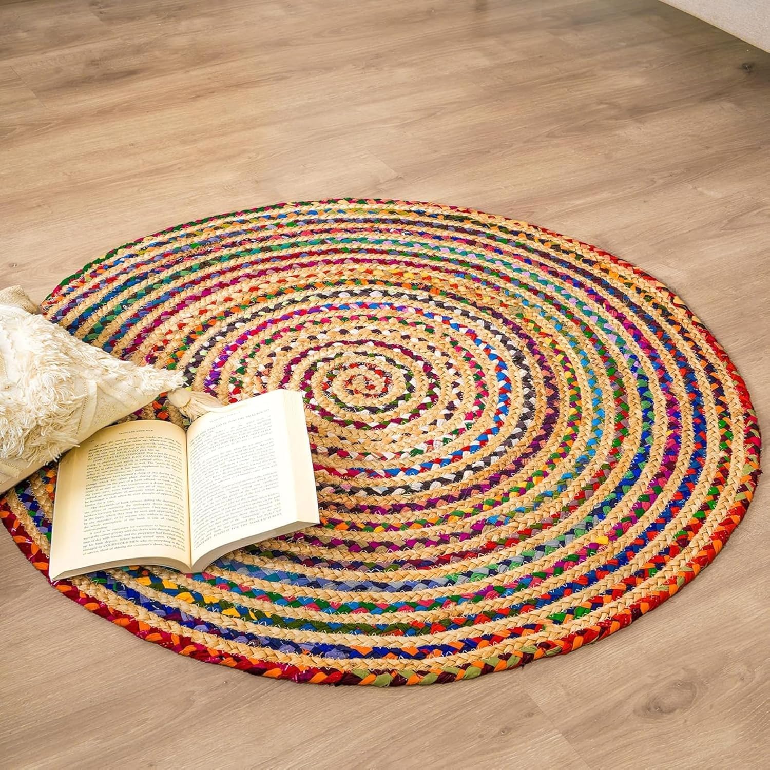 TRENDOZE Jute Carpet with Chindi Mix | Reversible, Durable & Washable Rug | Long-Lasting Yoga Mat for Bedroom, Living Room, Office, Kitchen & Hallway (Multicolour, 2x2 ft)