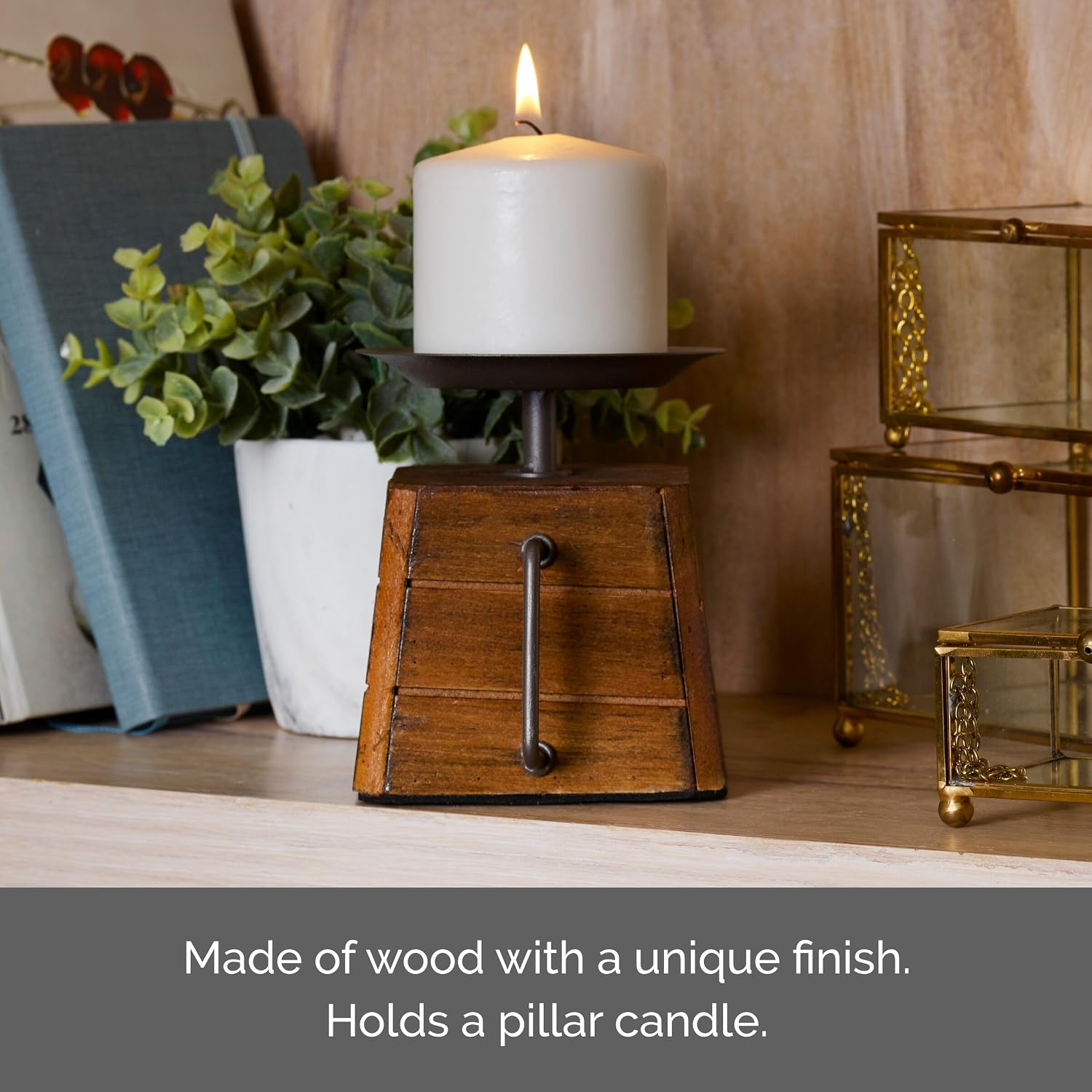 Elements 5.31x4.33x5.31 Inch Wood and Metal Handled Pillar Holder