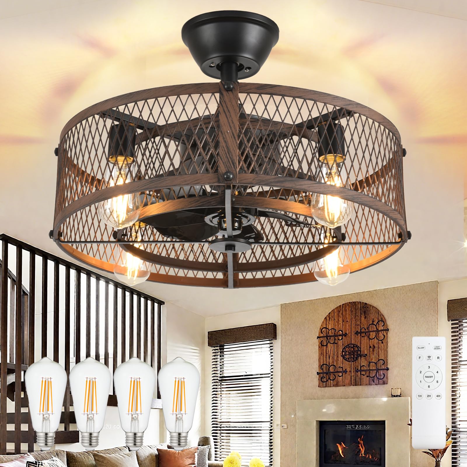 DINGLILIGHTING Caged Ceiling Fan with Light: 20" Farmhouse Fandelier with Light and Remote Control - Walnut Quiet DC Motor Rustic Chandelier with Fan for Bedroon Kitchen Living Dining Room
