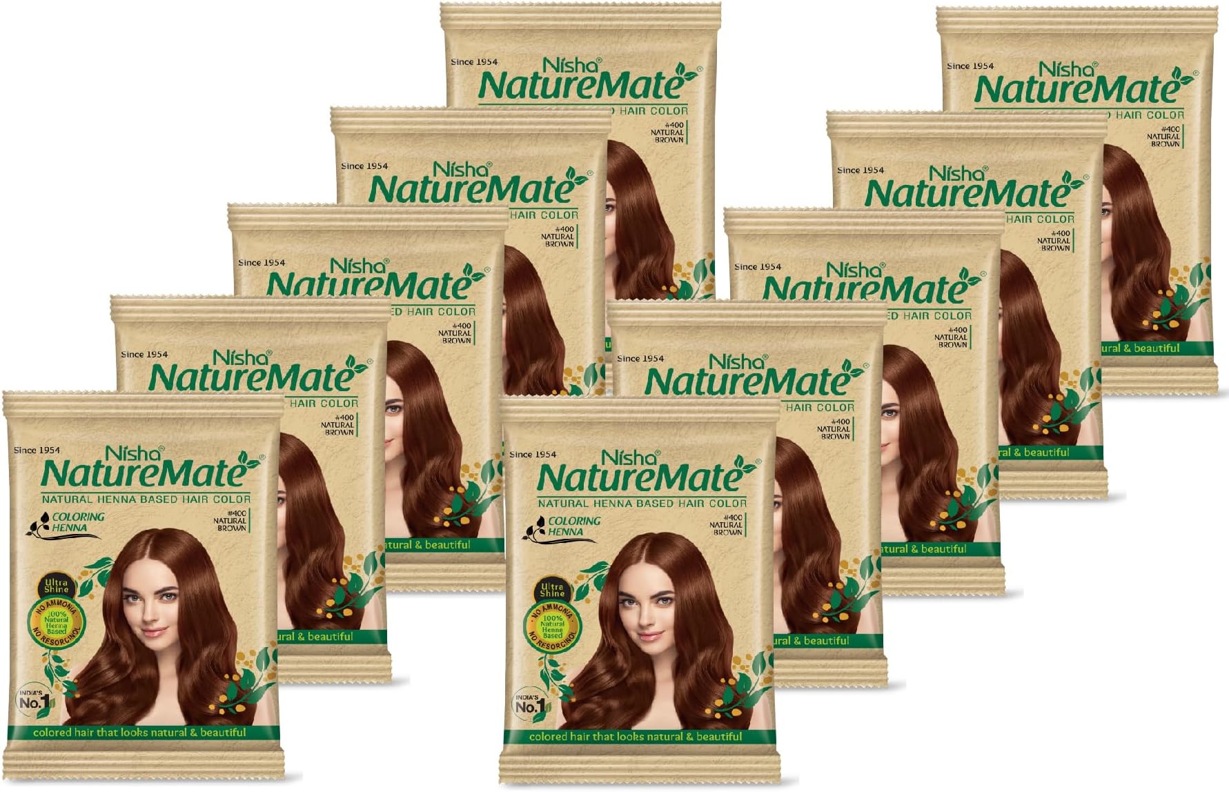 Nisha Nature Mate Henna-Based Hair Color Powder 10g Sachet Pack of 10 - Natural Brown | No Ammonia, No Harmful Chemicals | Ideal for Healthy, Long-Lasting Hair Color