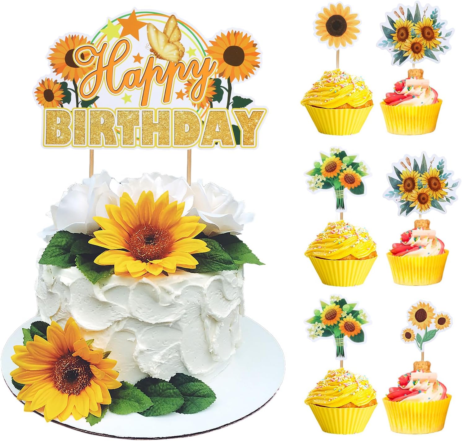 RAYNAG 25 Pieces Sunflower Cake Toppers Flower Cupcake