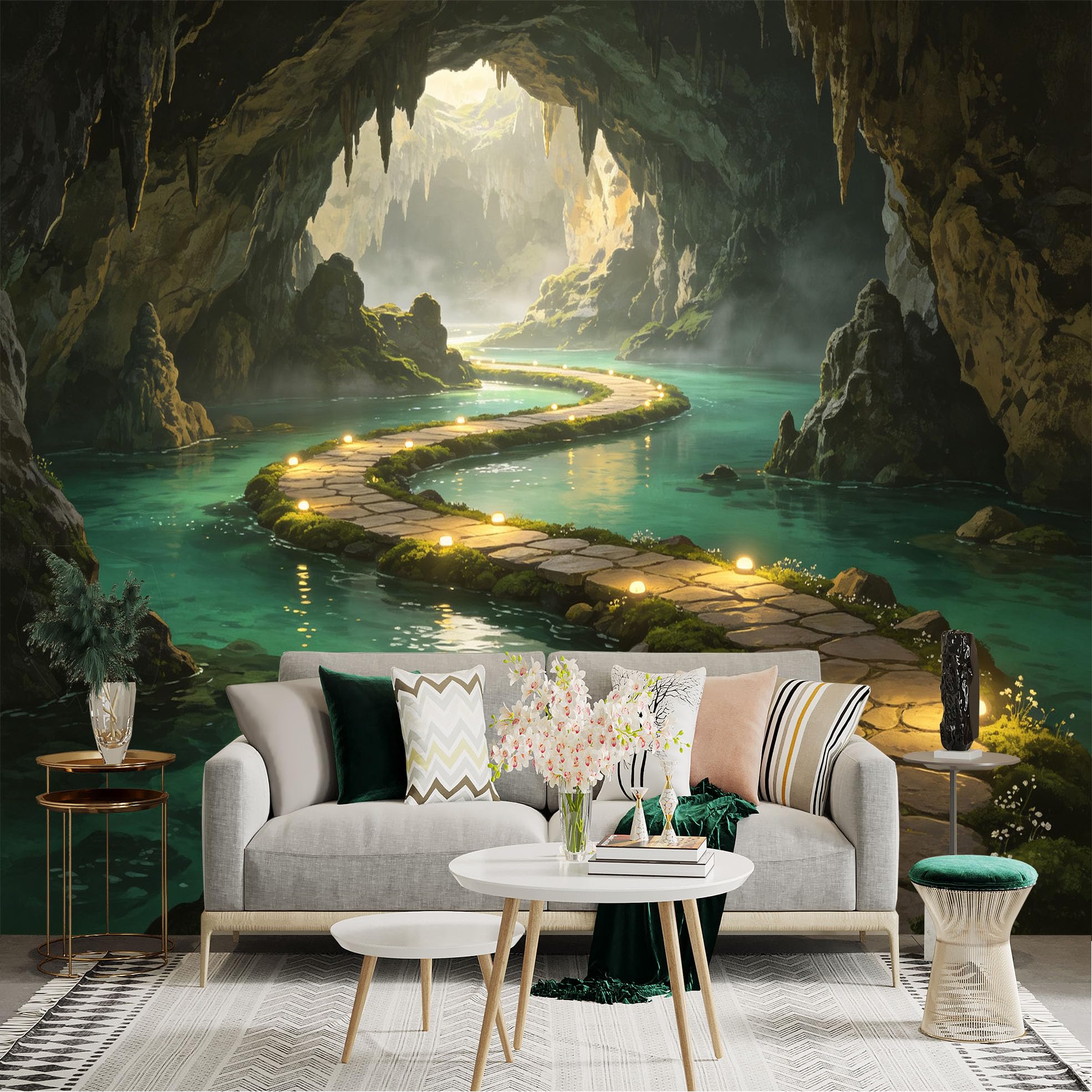 Custom Size Wall Sticker Mural， Mysterious Limestone Cave， Glowing Stone Pathway， Underground Turquoise River， Natural Fantasy Landscape， for wall Decoration， peelandstick wall Decals.
