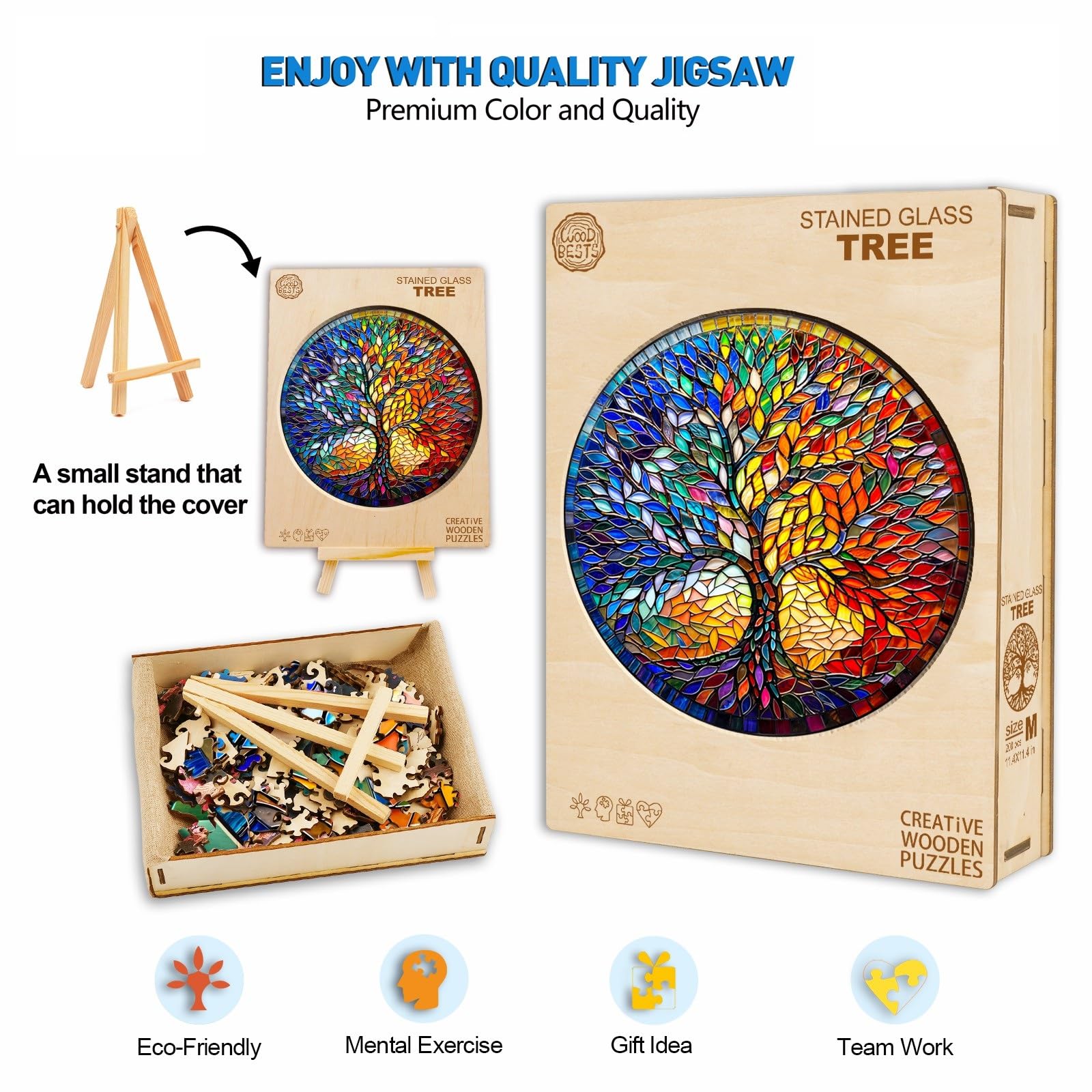 Holzpuzzle Erwachsene, 300 Teile Bunt Glas Baum Holz Puzzle Erwachsene, 34x34cm Wooden Puzzle, Unregelmäßige Einzigartige Puzzle, Holzpuzzle Tierform, Holz Puzzle Mit Geschenkbox Aus Holz