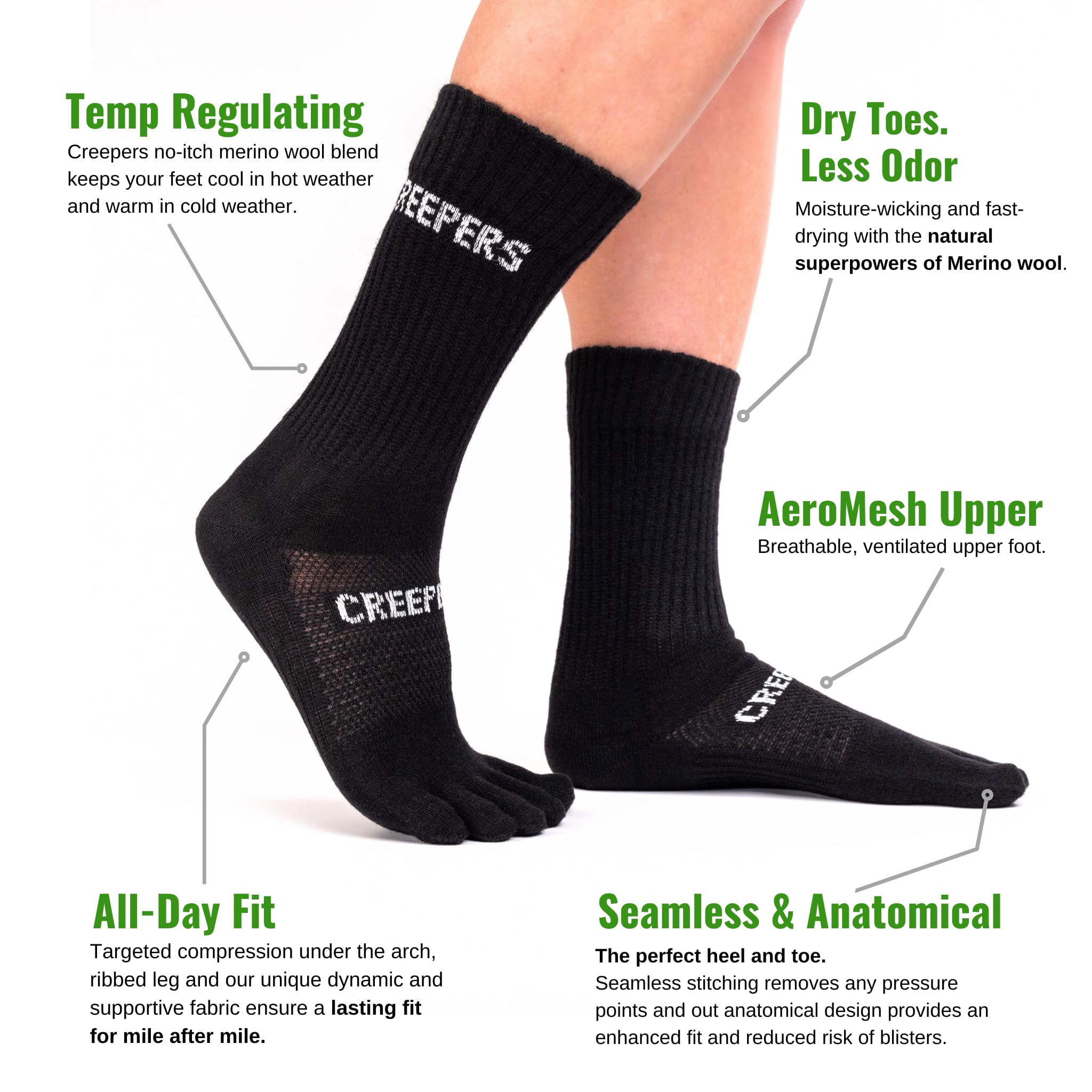 Creepers Merino Toe Socks, Crew Length Calzini con Dita Unisex-Adulto