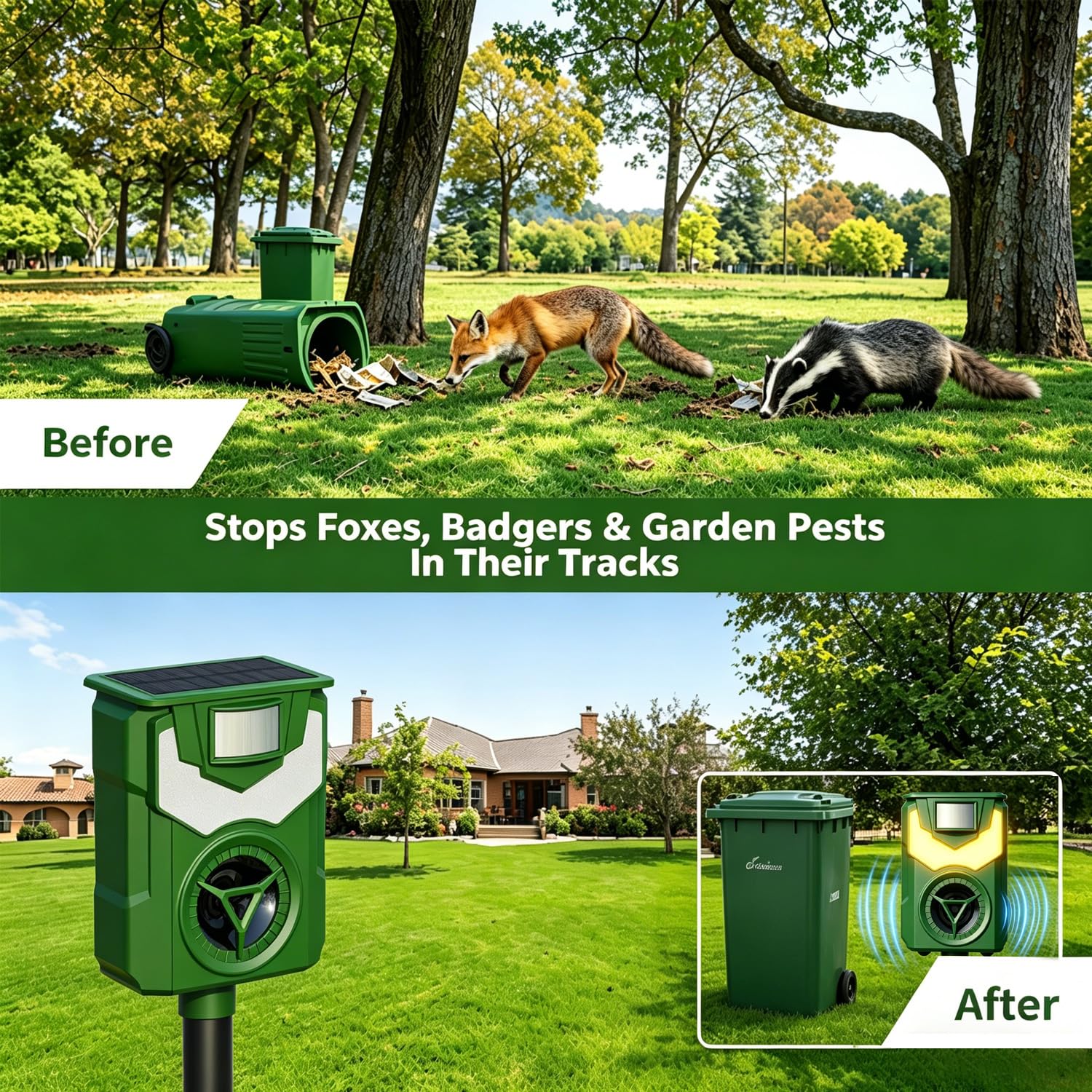 Répulsif solaire à ultrasons pour chats et renards - Pour jardin - Étanche IP44 - 5 modes de fréquence - Détecteur de mouvement PIR - Lumière stroboscopique et alarme pour ferme, cour, écureuils