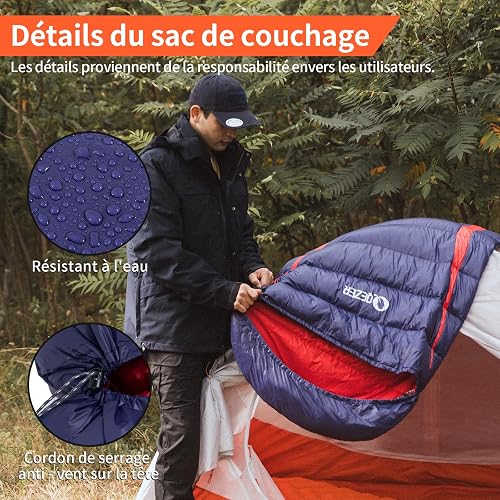 QEZER Sac de Couchage en Duvet, Sac de Couchage ultraléger 3 Saisons avec Petit Emballage pour Adultes et Enfants, Camping et randonnée de Plein Air (Bleu) - 5